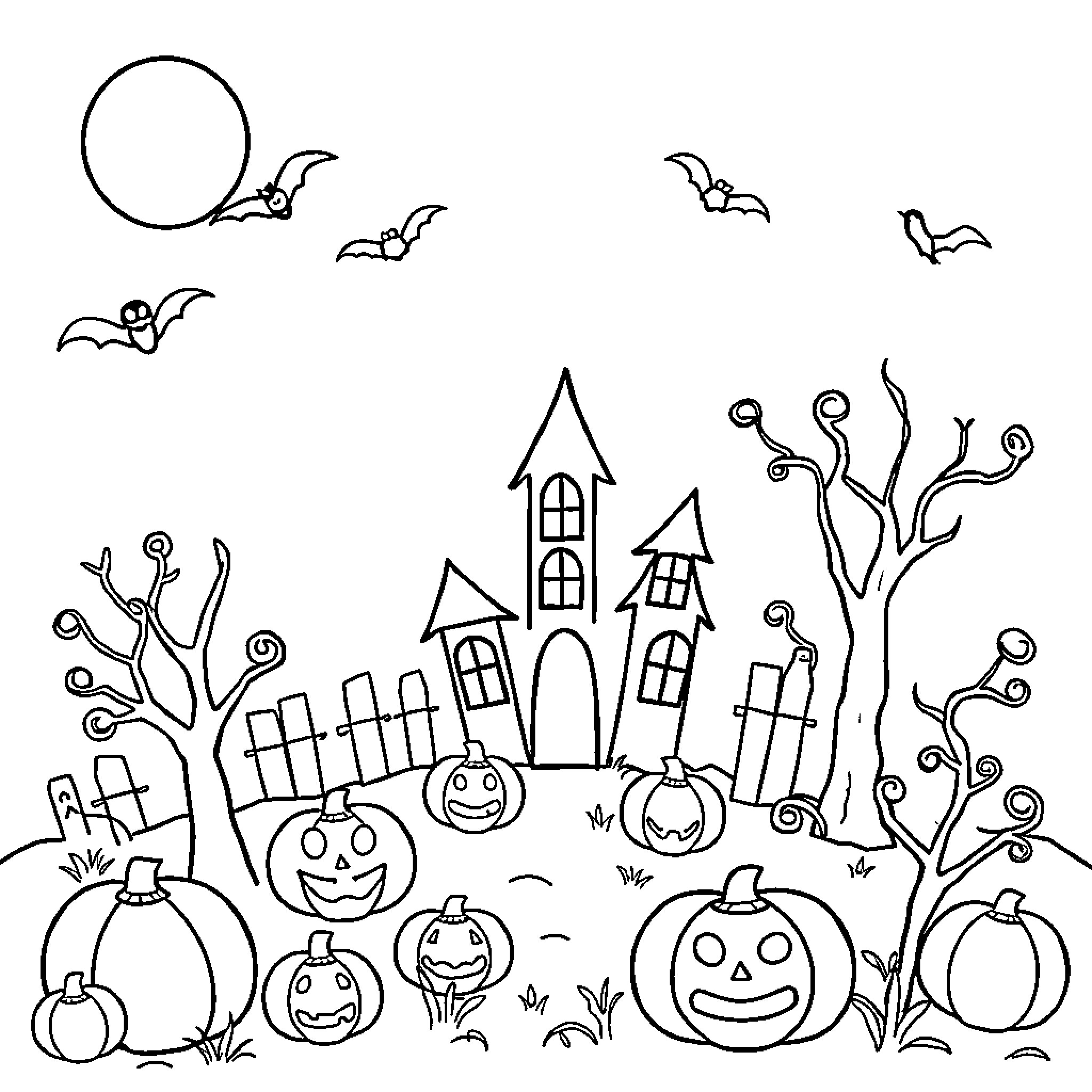 Halloween scenes with pumpkins, bats, and haunted houses Coloring Page (free black-and-white line drawing printable PDF for all, from beginners to advanced learners, including children, teens, adults, and seniors)