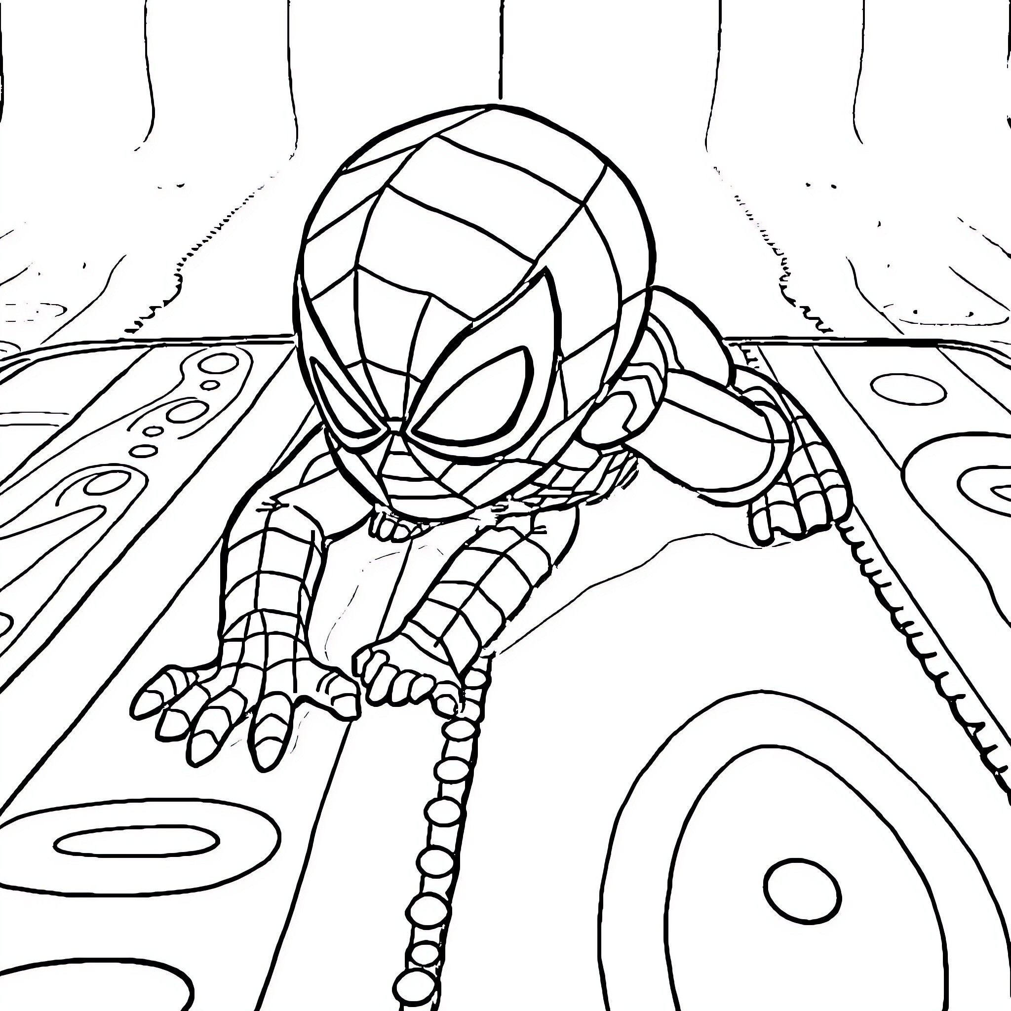 Baby Spiderman climbing on a colorful abstract background Coloring Page (free black-and-white line drawing printable PDF for all, from beginners to advanced learners, including children, teens, adults, and seniors)