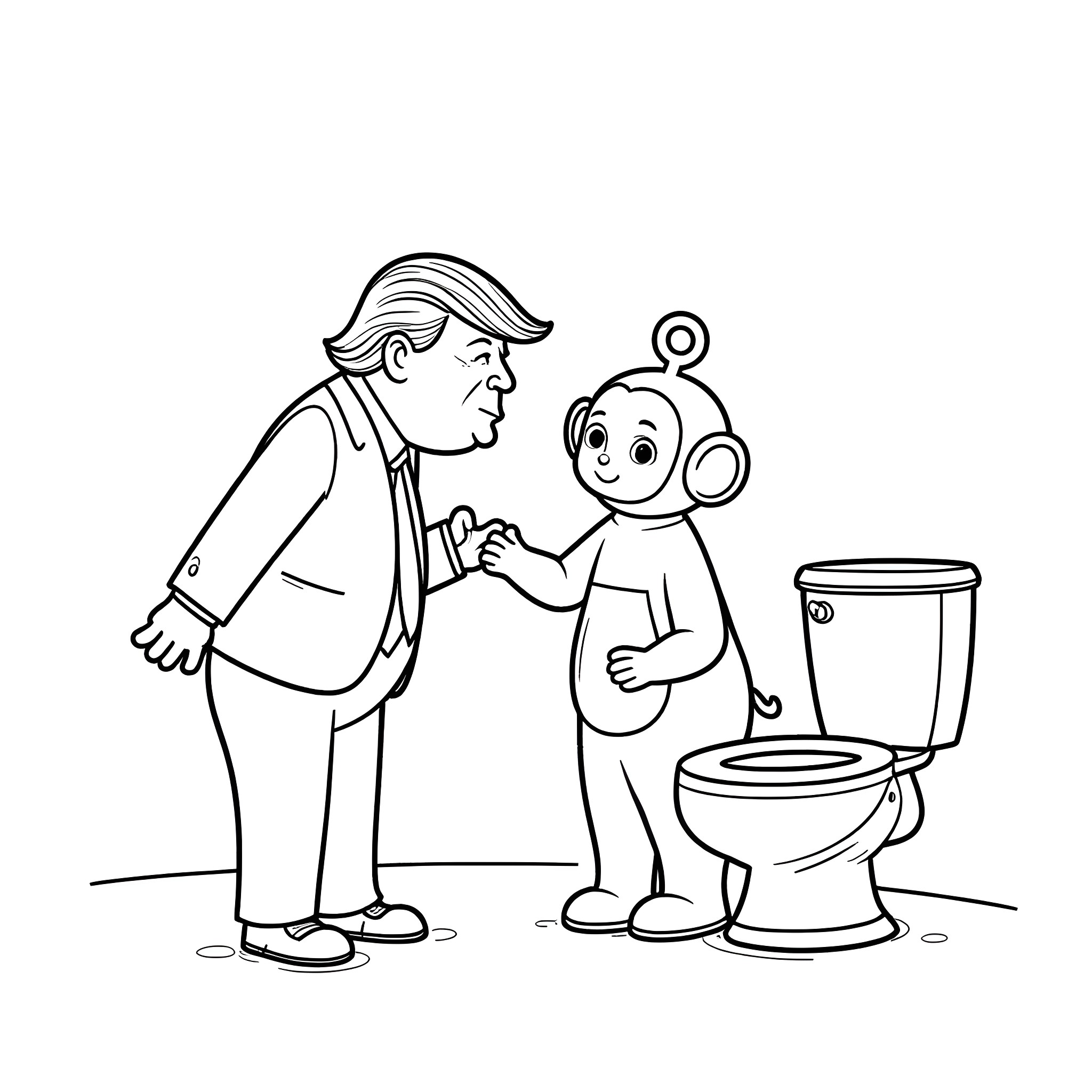 Donald Trump inspects alien robot near toilet Coloring Page (free black-and-white line drawing printable PDF for all, from beginners to advanced learners, including children, teens, adults, and seniors)