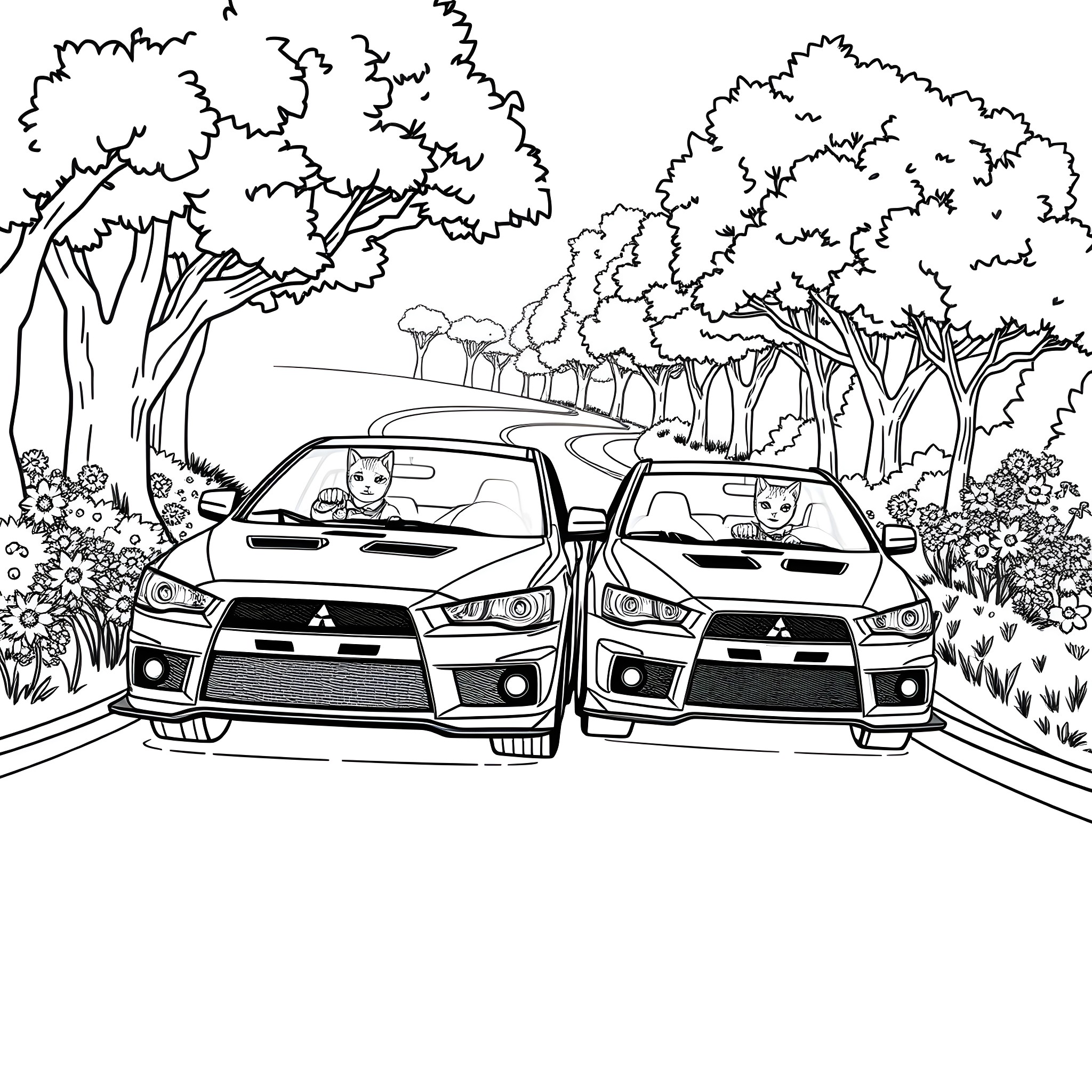 Tuxedo Cats Riding in Sports Cars Through Forest Coloring Page (free black-and-white line drawing printable PDF for all, from beginners to advanced learners, including children, teens, adults, and seniors)