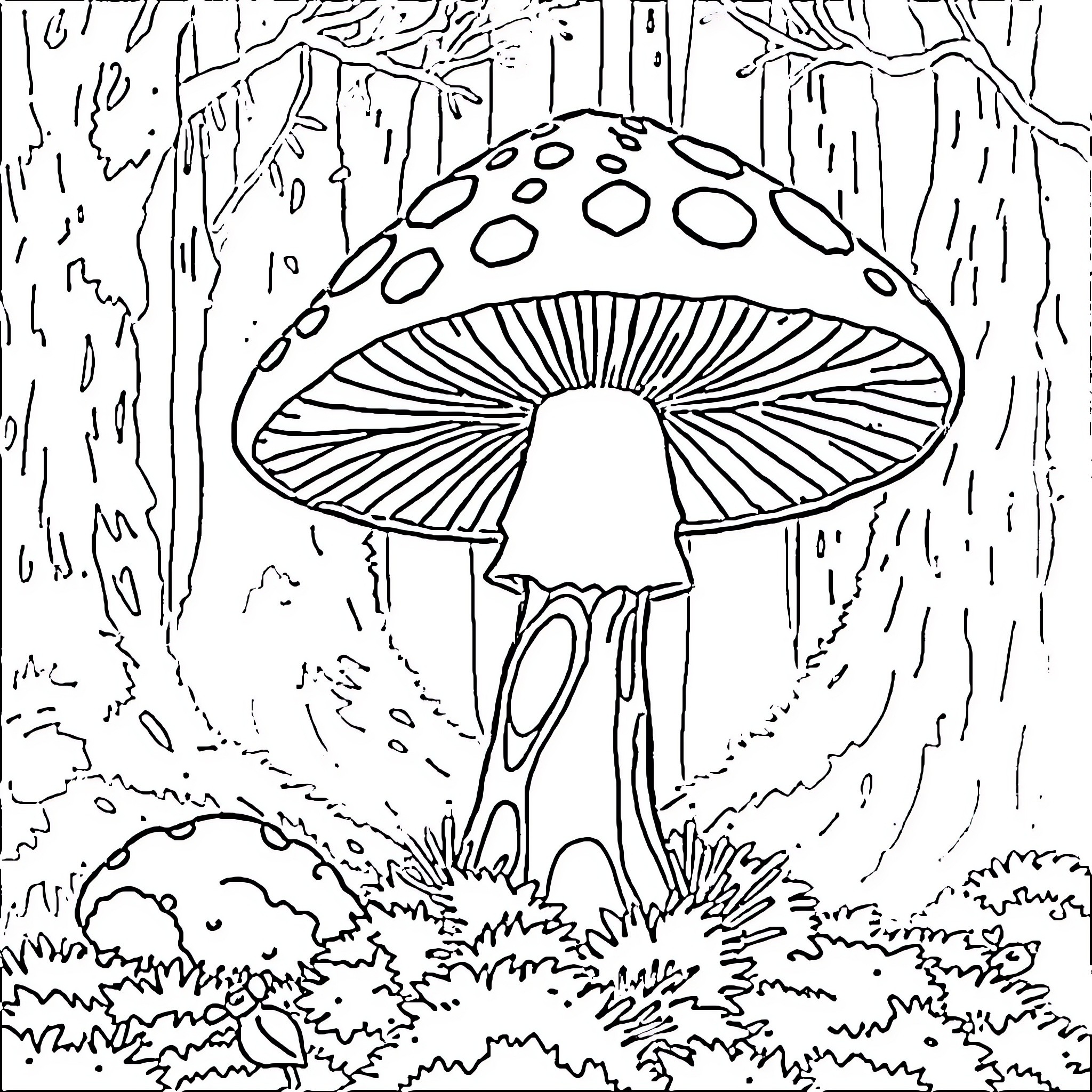 Mushroom growing in the enchanted forest Coloring Page (free black-and-white line drawing printable PDF for all, from beginners to advanced learners, including children, teens, adults, and seniors)