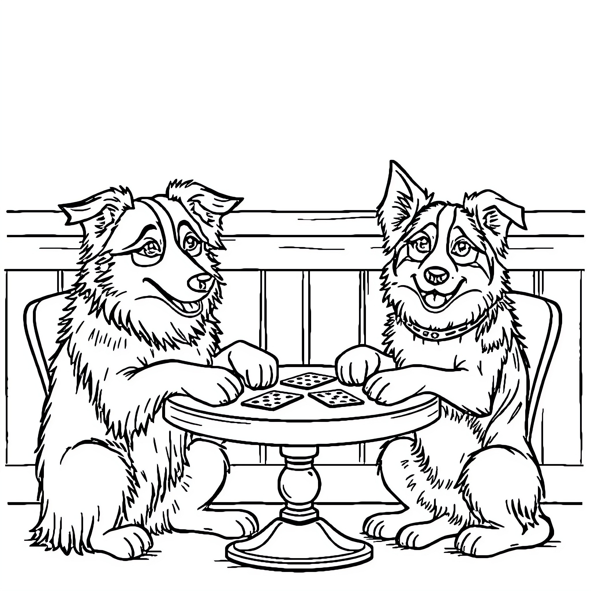 Dogs playing a board game together Coloring Page (free black-and-white line drawing printable PDF for all, from beginners to advanced learners, including children, teens, adults, and seniors)