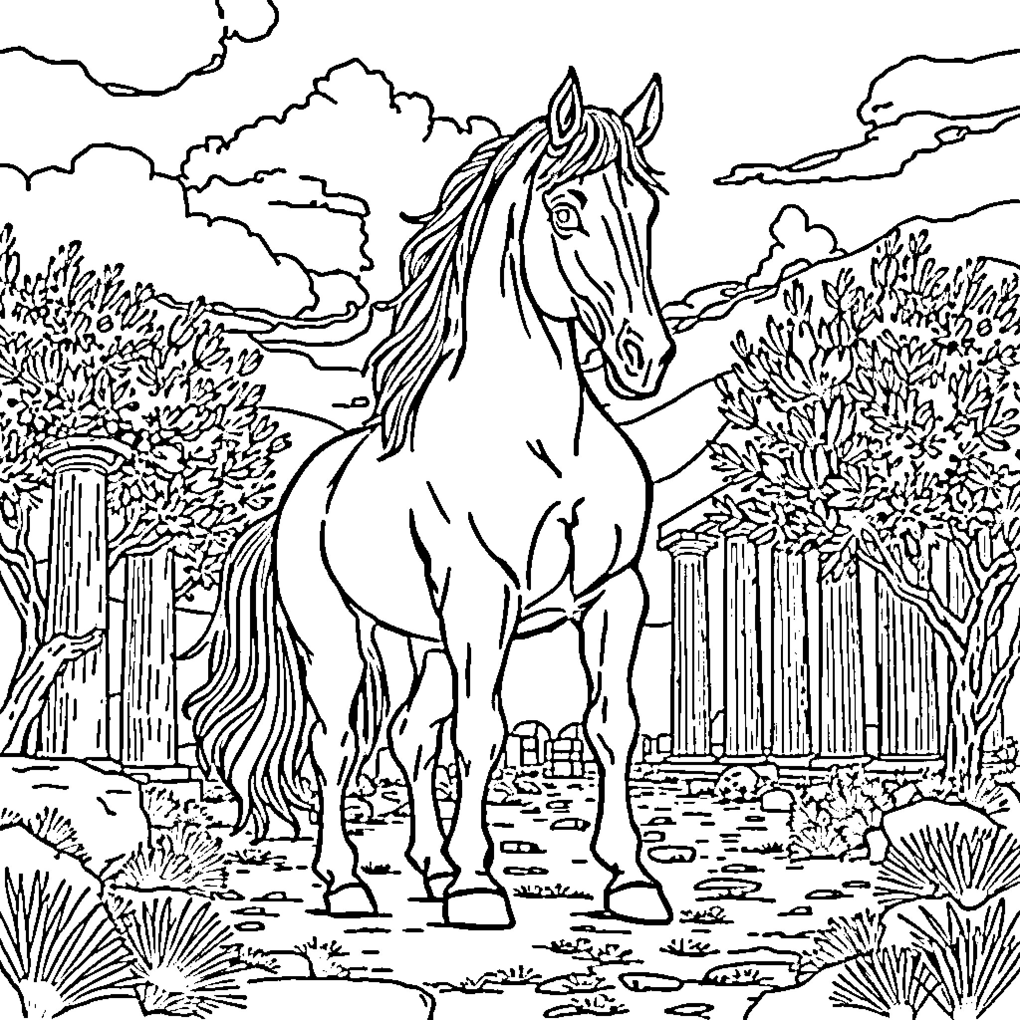 Horse standing in a scenic outdoor landscape Coloring Page (free black-and-white line drawing printable PDF for all, from beginners to advanced learners, including children, teens, adults, and seniors)