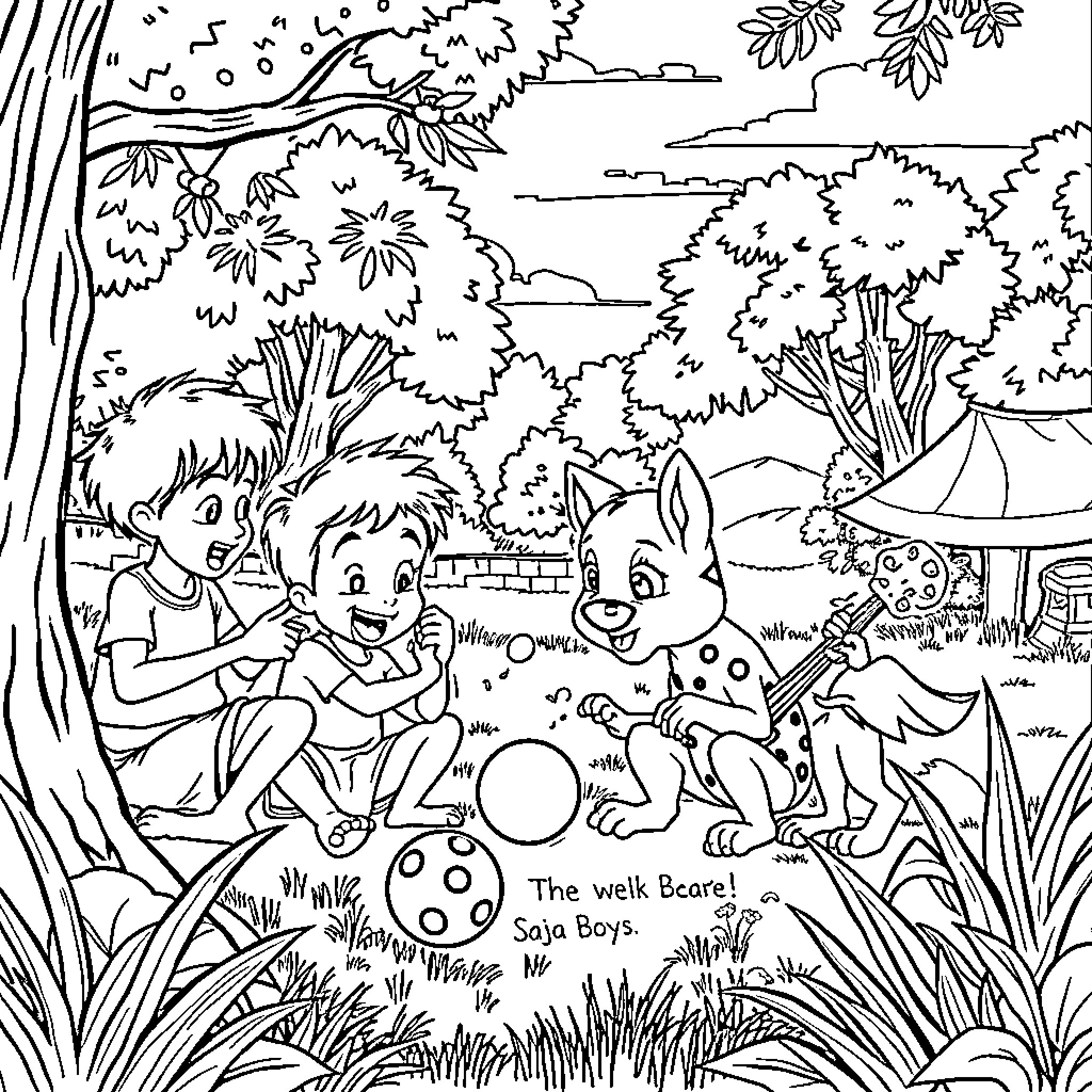 Huntrix's Adventure in the Wilderness Coloring Page (free black-and-white line drawing printable PDF for all, from beginners to advanced learners, including children, teens, adults, and seniors)