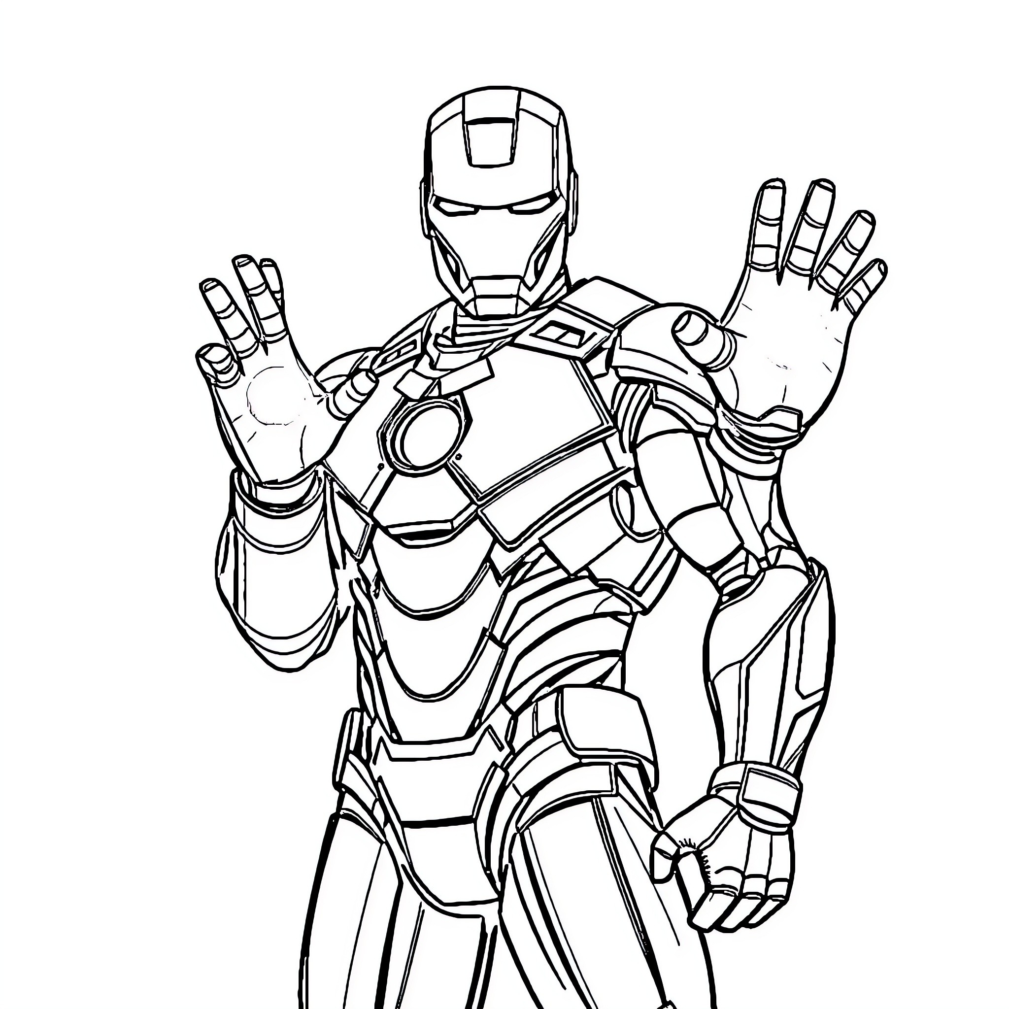 Iron Man in Action Pose with Outstretched Hands Coloring Page (free black-and-white line drawing printable PDF for all, from beginners to advanced learners, including children, teens, adults, and seniors)