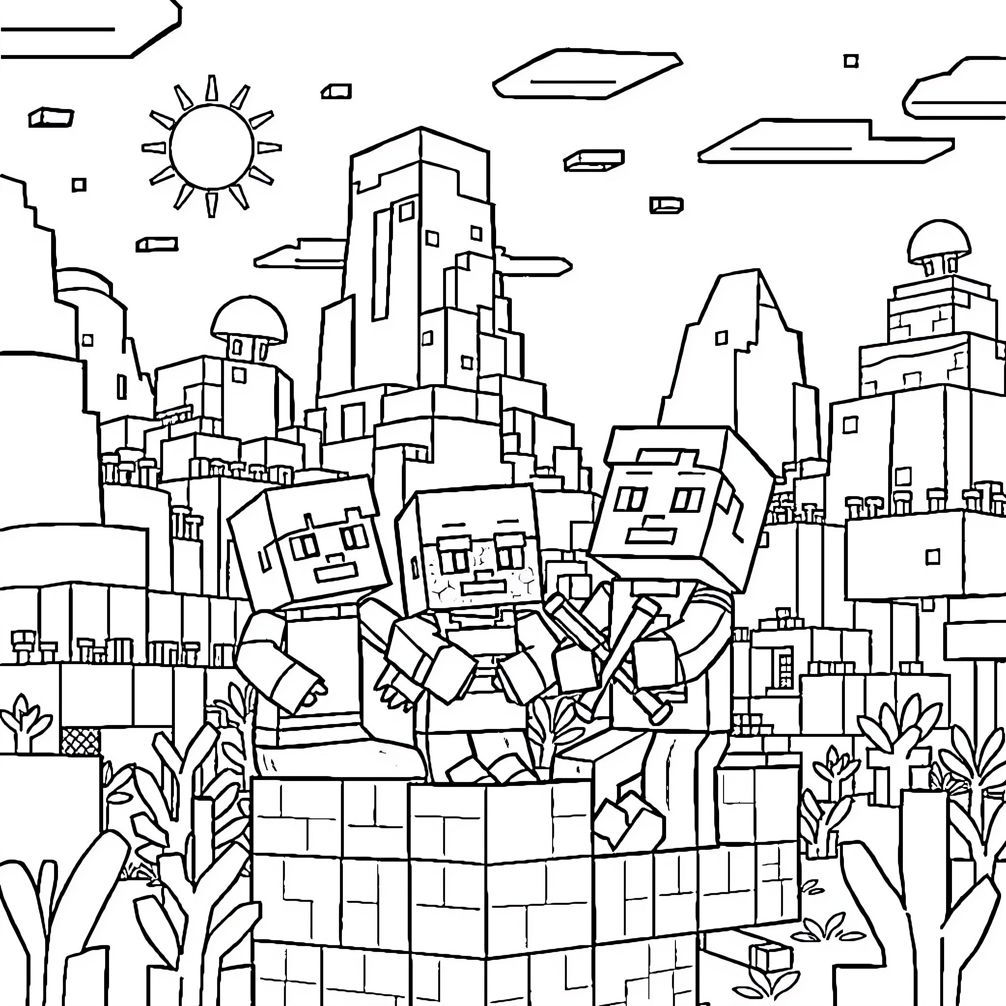 Bluey and friends exploring a vibrant urban landscape Coloring Page (free black-and-white line drawing printable PDF for all, from beginners to advanced learners, including children, teens, adults, and seniors)