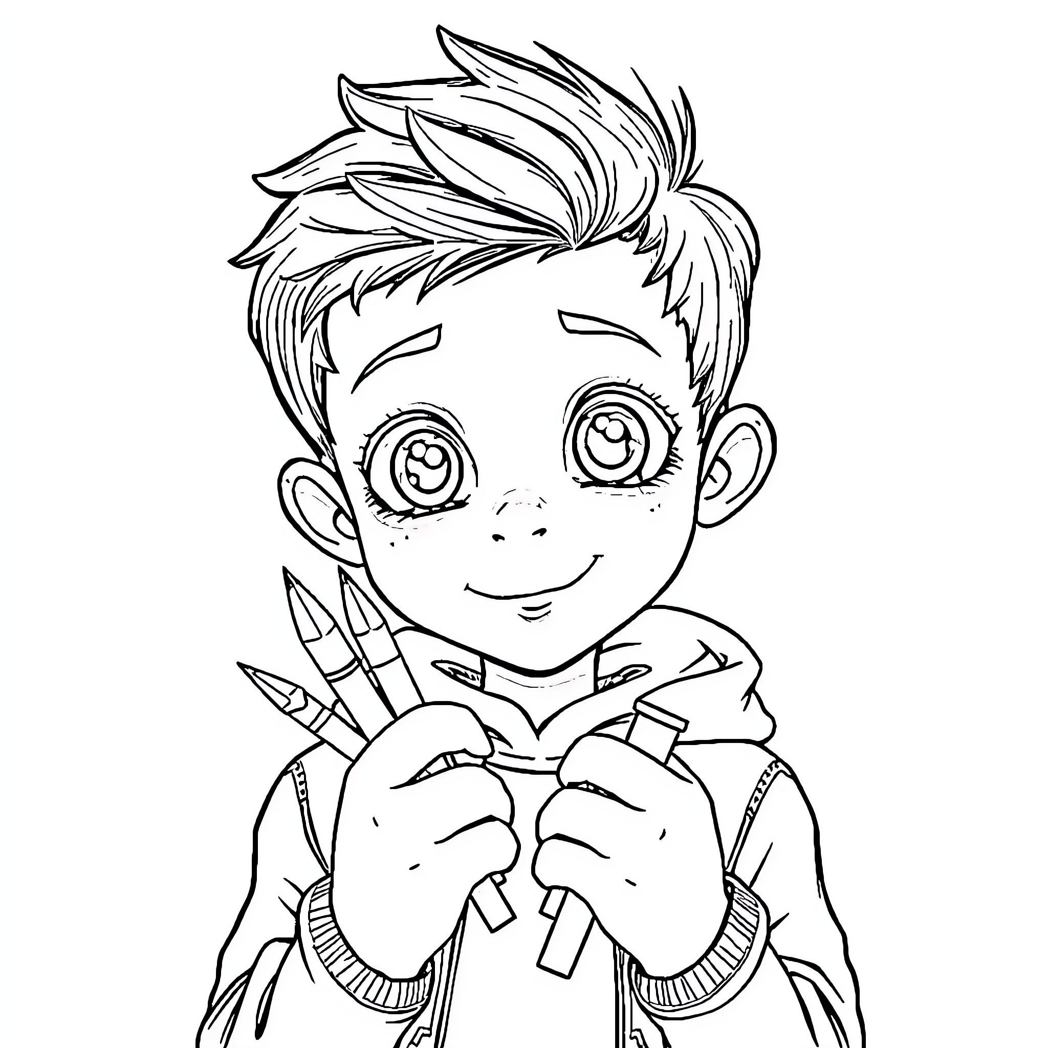 Boy creating with pencils and art supplies Coloring Page (free black-and-white line drawing printable PDF for all, from beginners to advanced learners, including children, teens, adults, and seniors)
