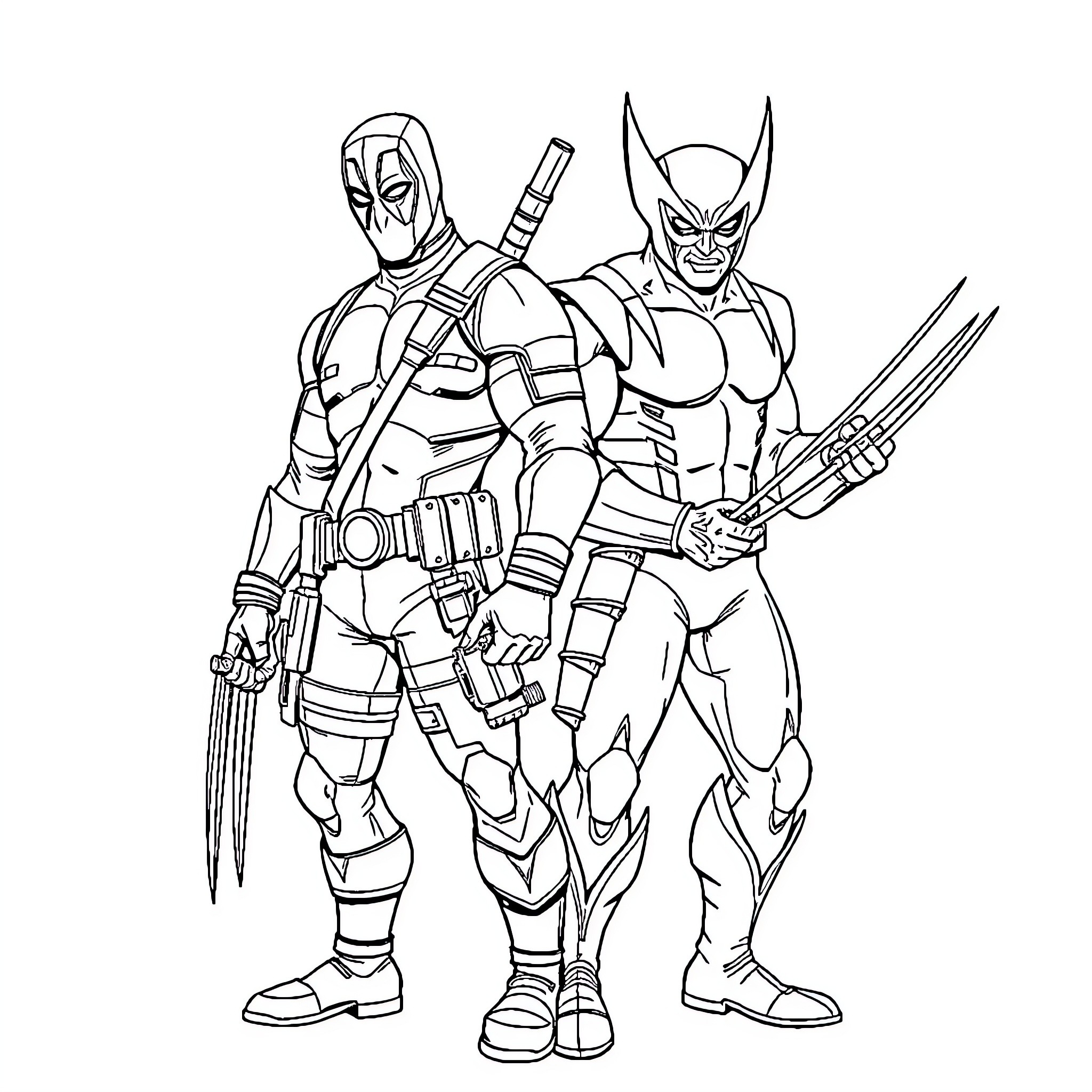 Deadpool and Wolverine in Action Poses Coloring Page (free black-and-white line drawing printable PDF for all, from beginners to advanced learners, including children, teens, adults, and seniors)