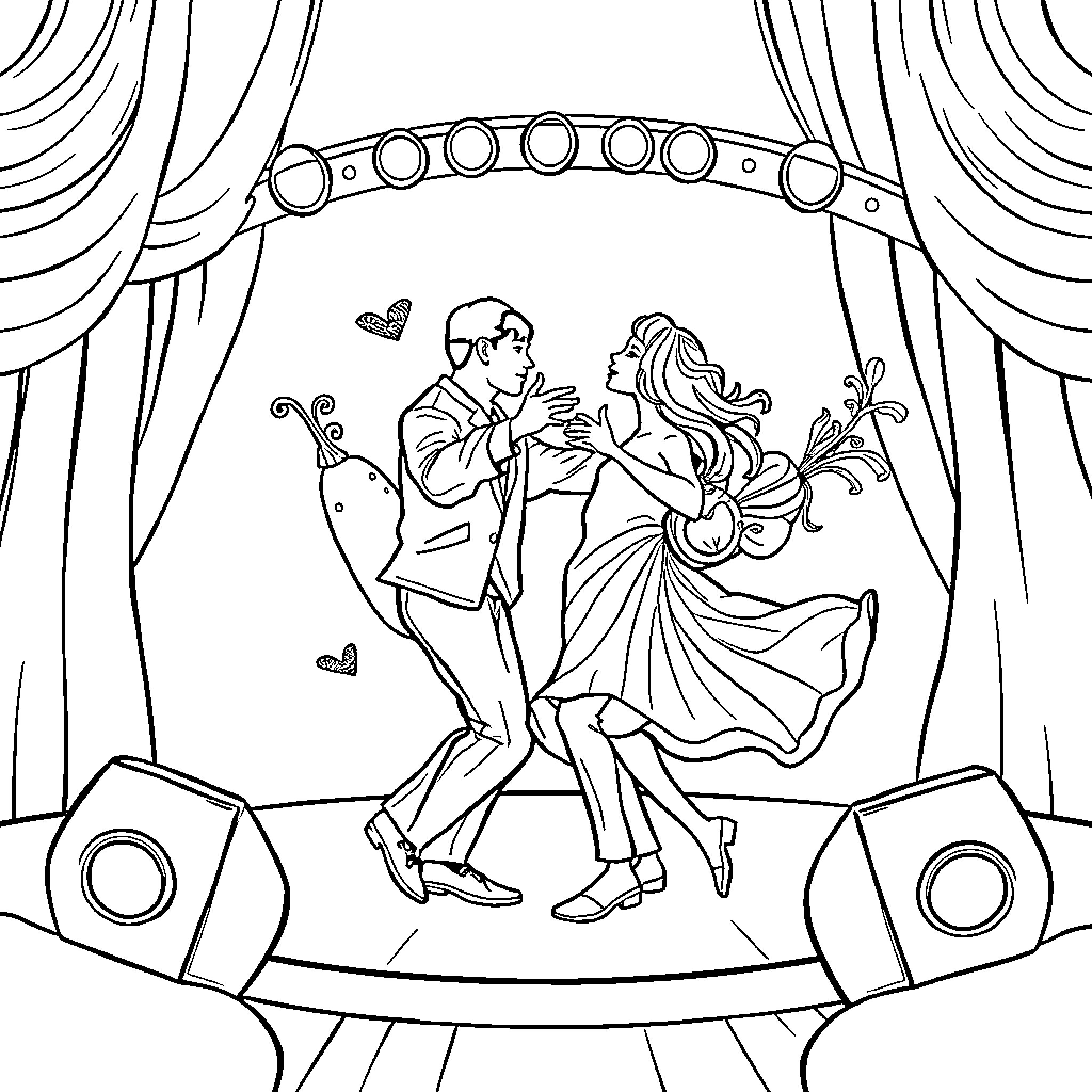 Vegetable Couple Dancing on Stage Coloring Page (free black-and-white line drawing printable PDF for all, from beginners to advanced learners, including children, teens, adults, and seniors)