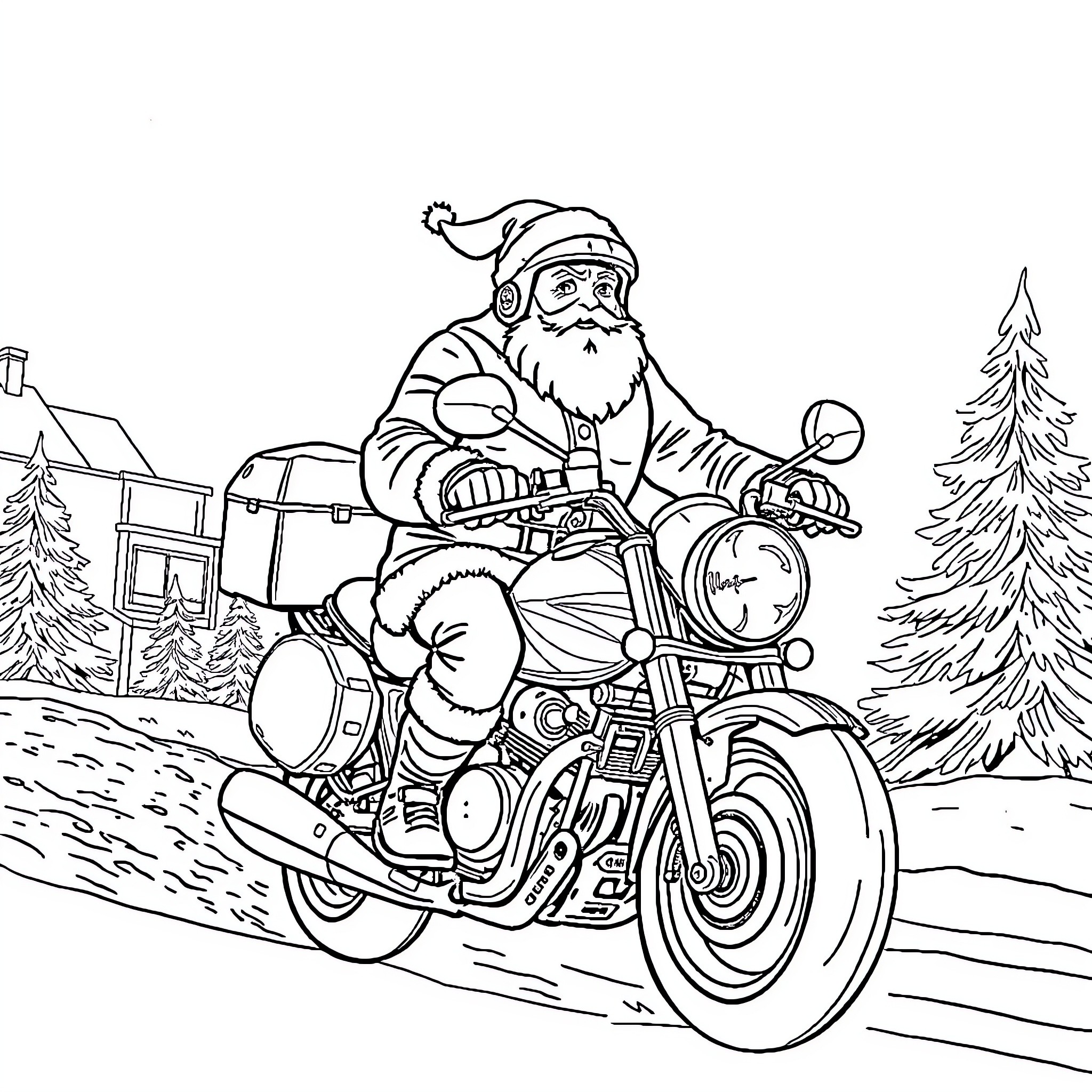 Santa riding motorcycle in winter wonderland Coloring Page (free black-and-white line drawing printable PDF for all, from beginners to advanced learners, including children, teens, adults, and seniors)