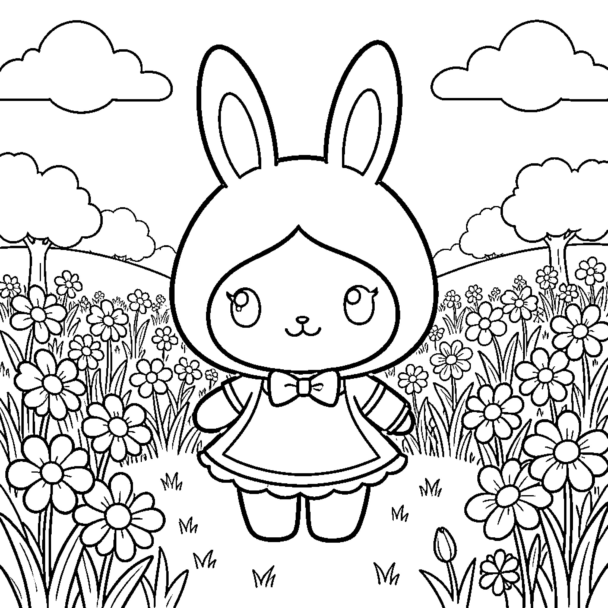 My Melody Playing in the Flower Garden Coloring Page (free black-and-white line drawing printable PDF for all, from beginners to advanced learners, including children, teens, adults, and seniors)