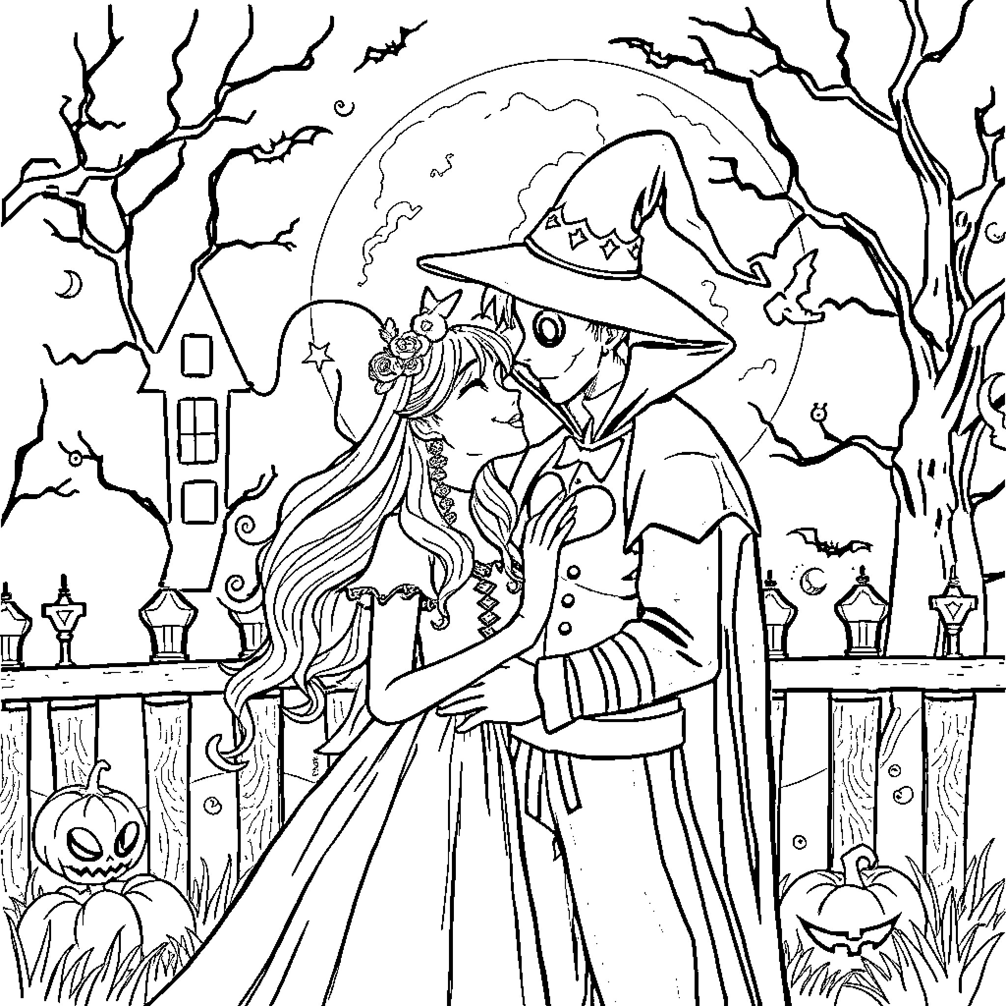 Halloween Night Love Story Coloring Page (free black-and-white line drawing printable PDF for all, from beginners to advanced learners, including children, teens, adults, and seniors)
