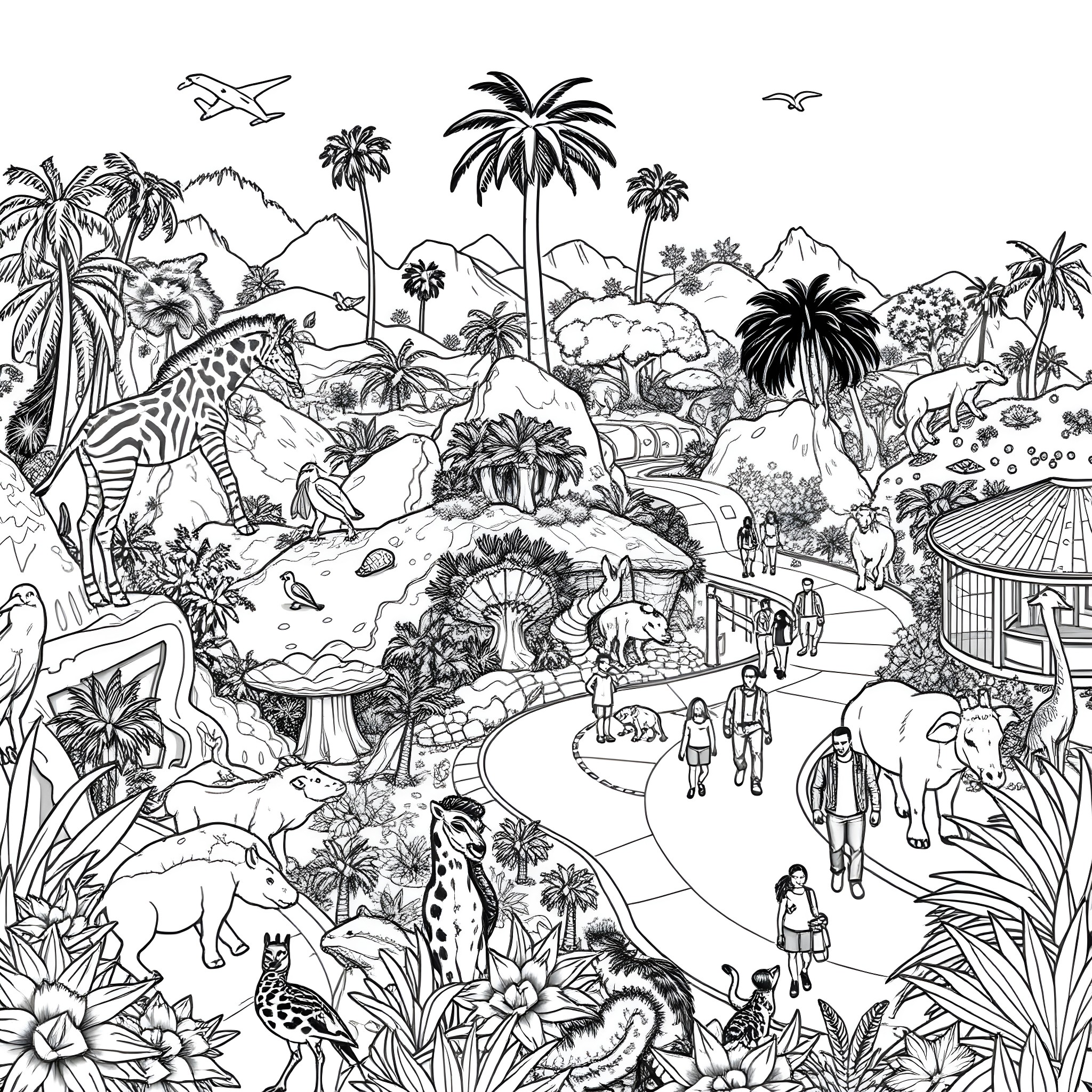 Zoo Teeming with Vibrant Wildlife and Lush Landscapes Coloring Page (free black-and-white line drawing printable PDF for all, from beginners to advanced learners, including children, teens, adults, and seniors)