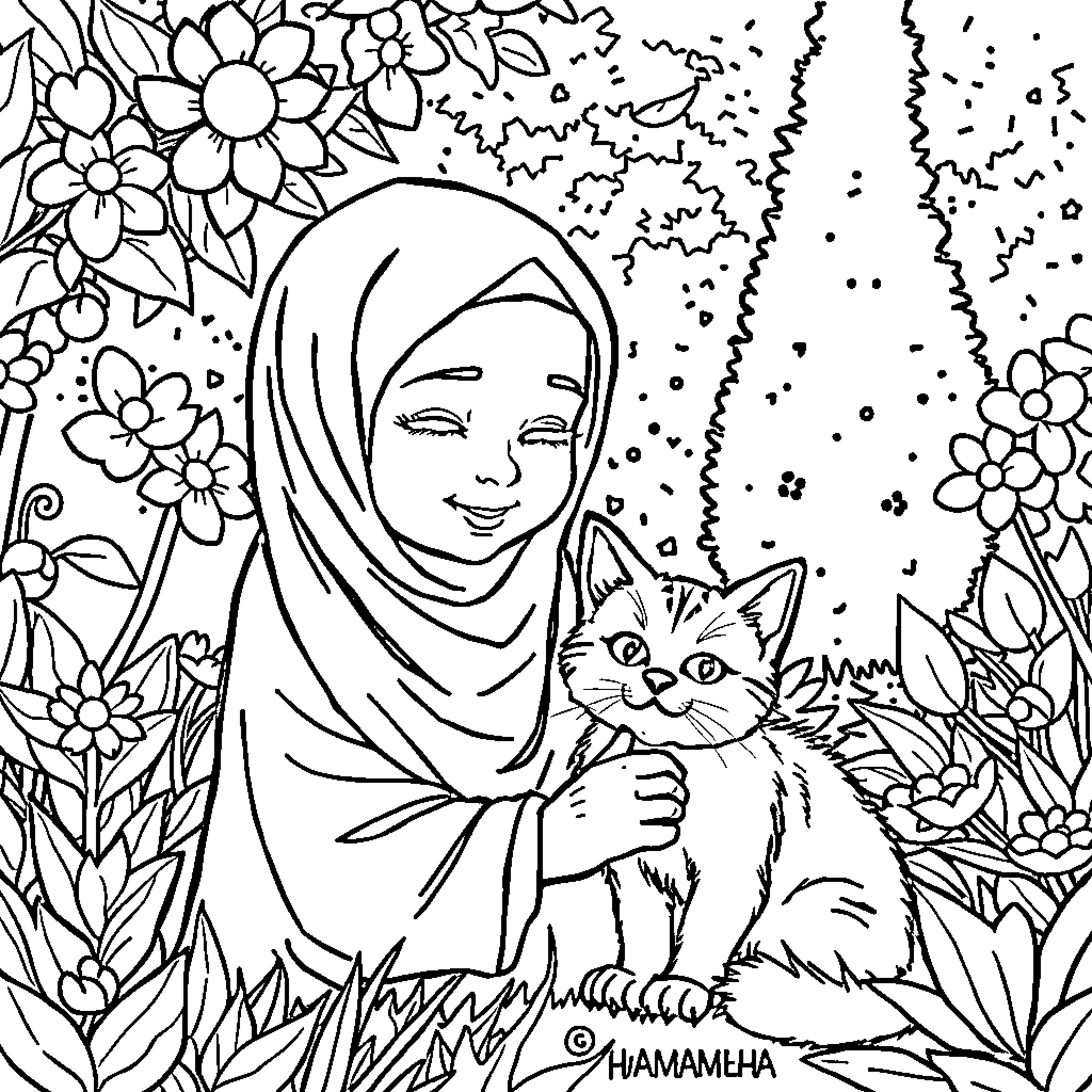 Girl in Flowery Garden with Kitten Coloring Page (free black-and-white line drawing printable PDF for all, from beginners to advanced learners, including children, teens, adults, and seniors)