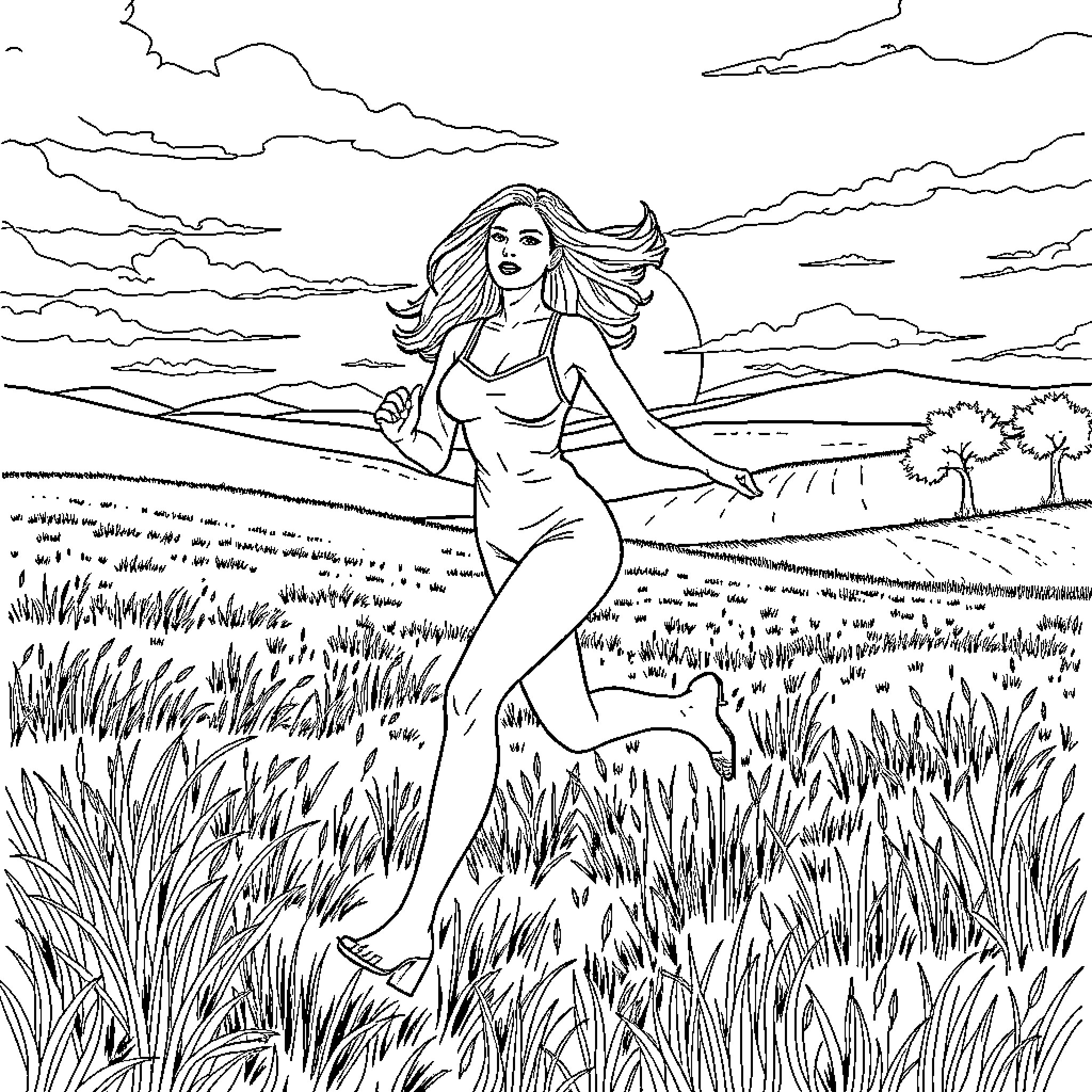 Woman enjoying nature in the countryside Coloring Page (free black-and-white line drawing printable PDF for all, from beginners to advanced learners, including children, teens, adults, and seniors)