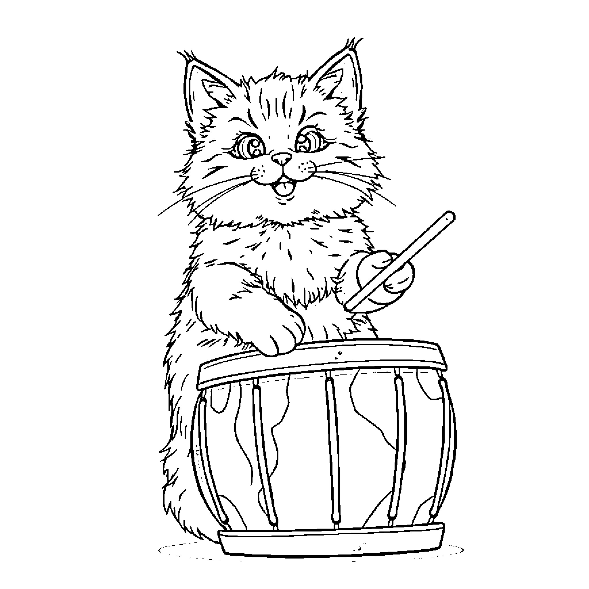 Cat playing drum in a barrel Coloring Page (free black-and-white line drawing printable PDF for all, from beginners to advanced learners, including children, teens, adults, and seniors)