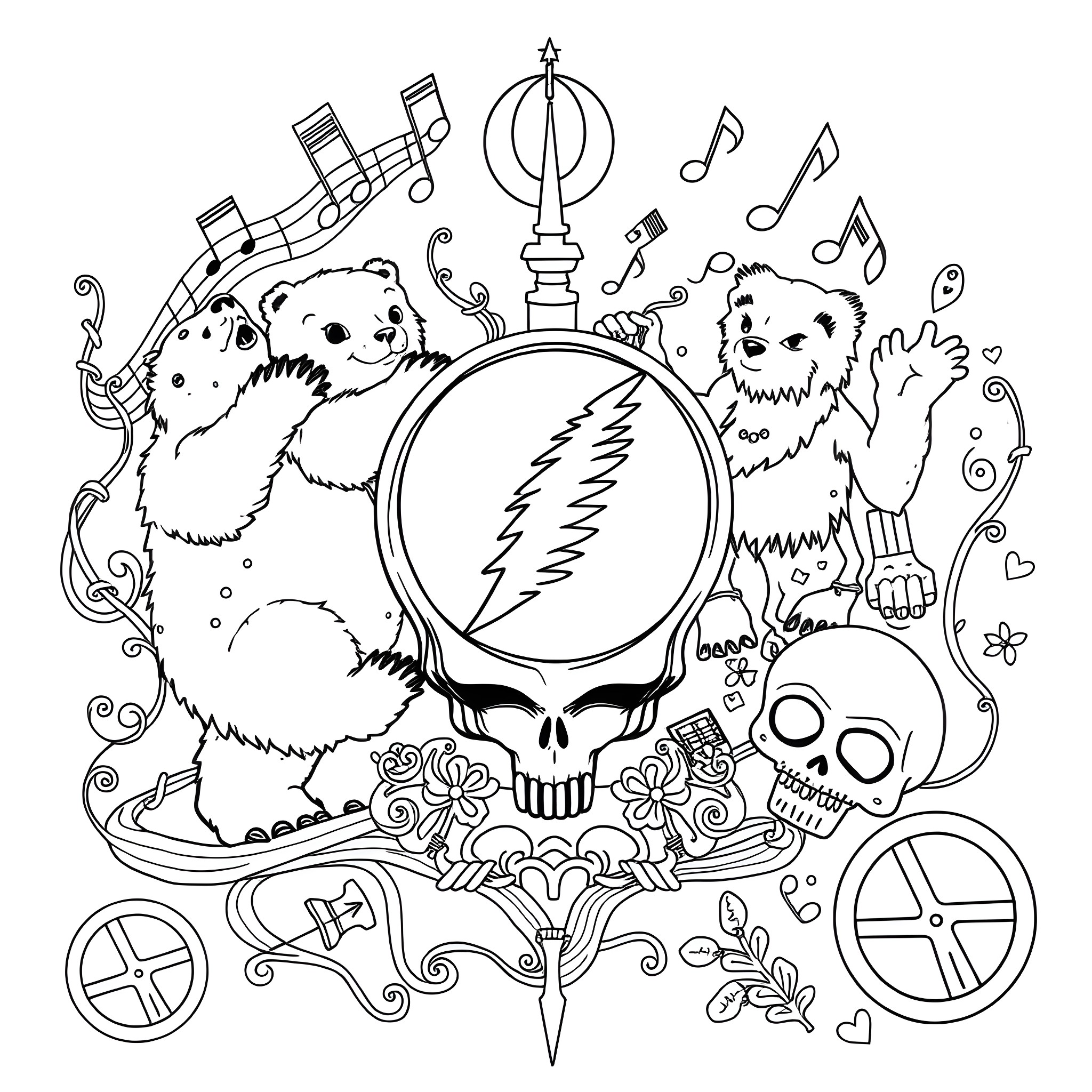 Grateful Dead Celebrating Music and Symbolism Coloring Page (free black-and-white line drawing printable PDF for all, from beginners to advanced learners, including children, teens, adults, and seniors)