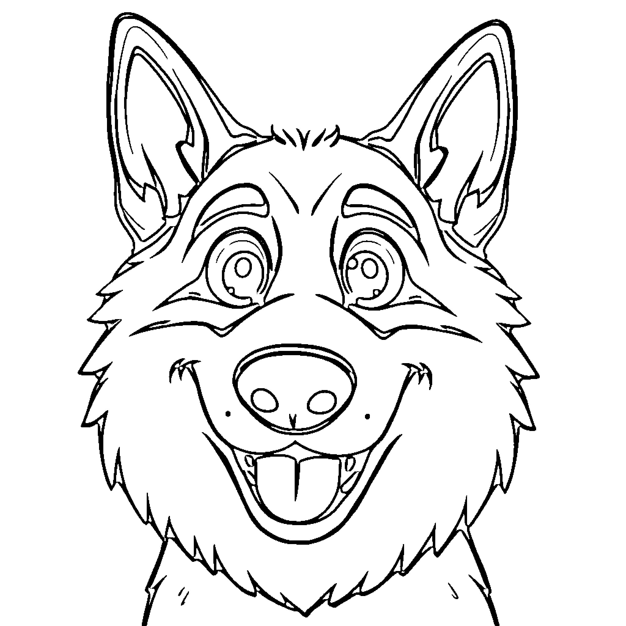 German Shepherd playfully smiling with excited expression Coloring Page (free black-and-white line drawing printable PDF for all, from beginners to advanced learners, including children, teens, adults, and seniors)