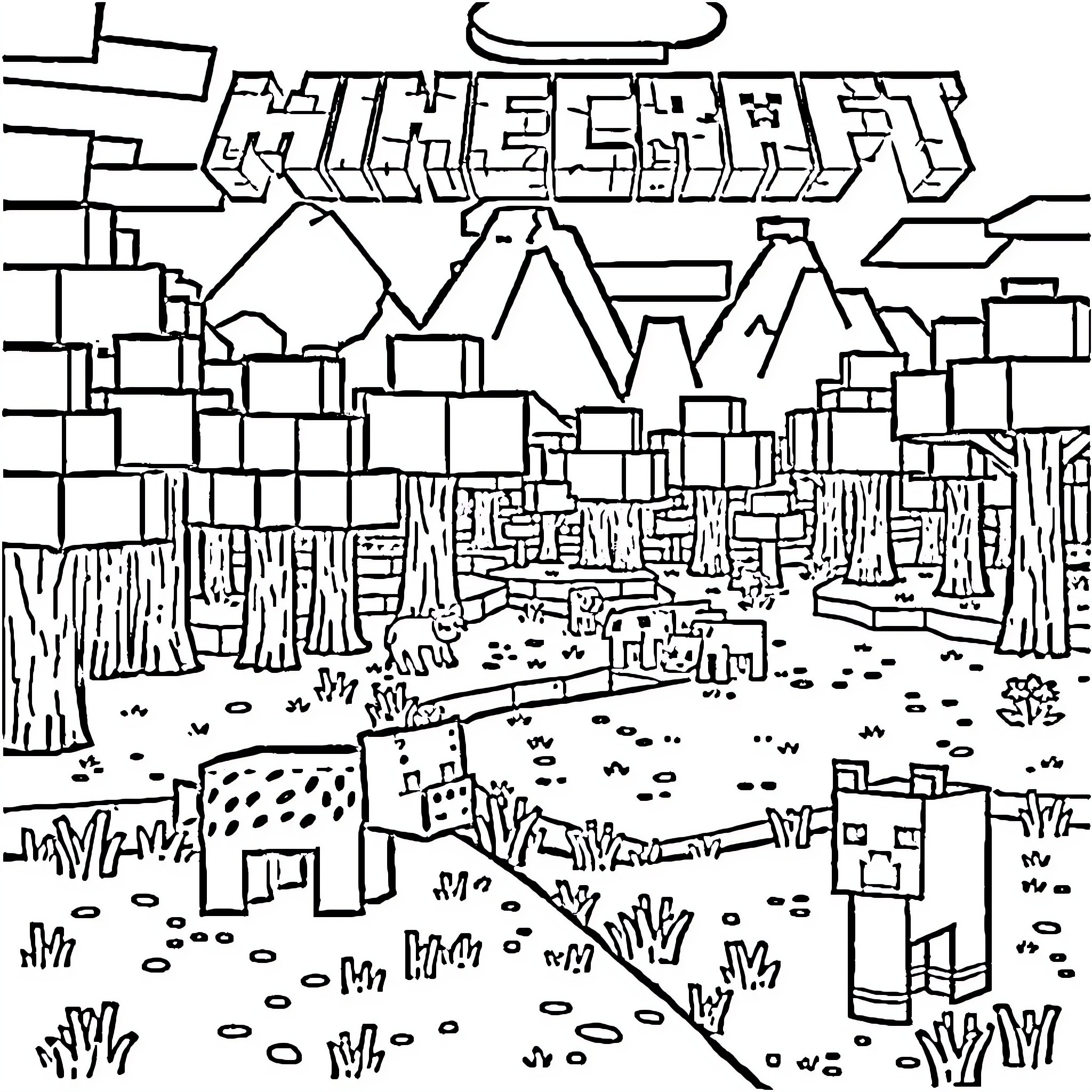 Minecraft Landscape with Mountains and Buildings Coloring Page (free black-and-white line drawing printable PDF for all, from beginners to advanced learners, including children, teens, adults, and seniors)