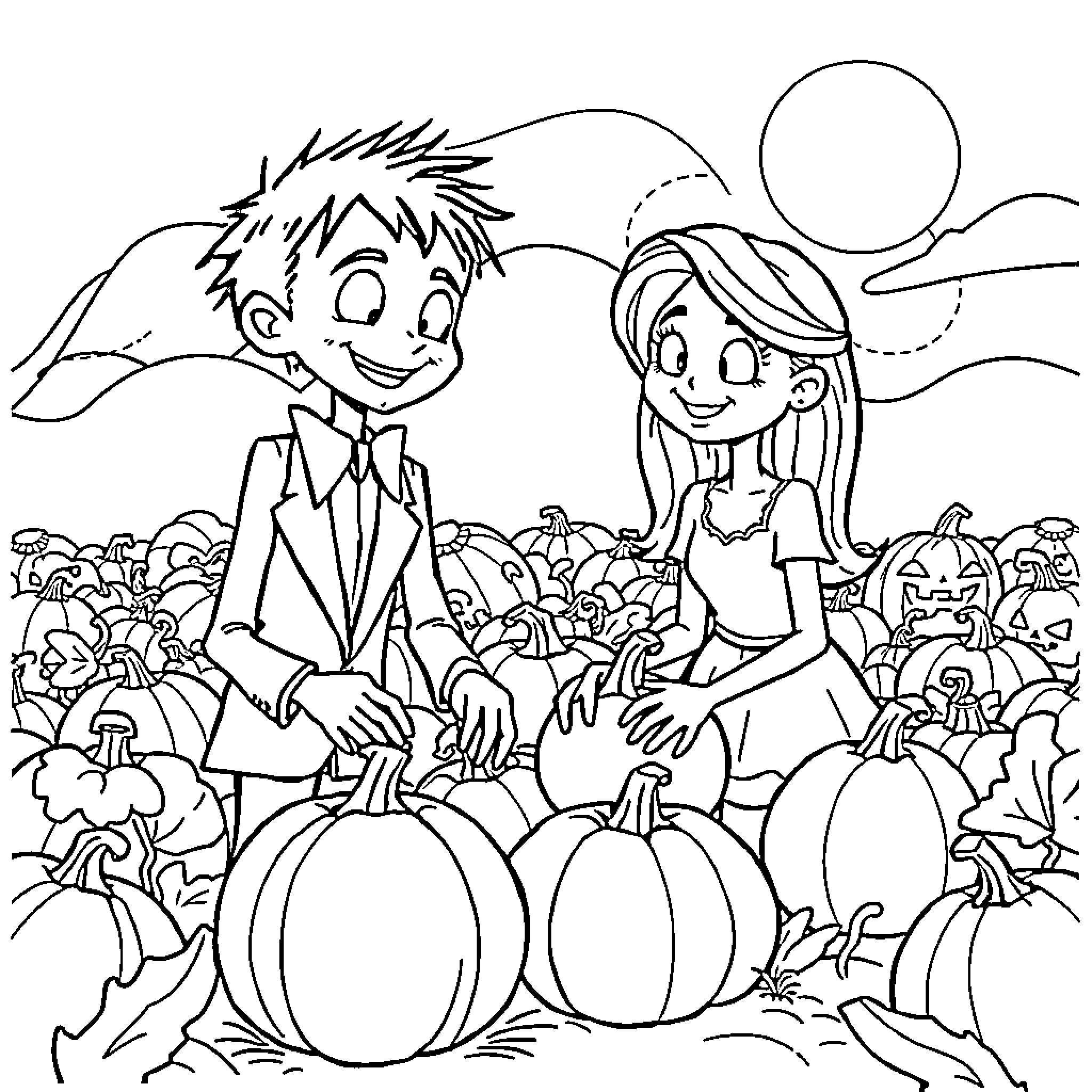 Jack and Sally enjoying a pumpkin patch adventure Coloring Page (free black-and-white line drawing printable PDF for all, from beginners to advanced learners, including children, teens, adults, and seniors)