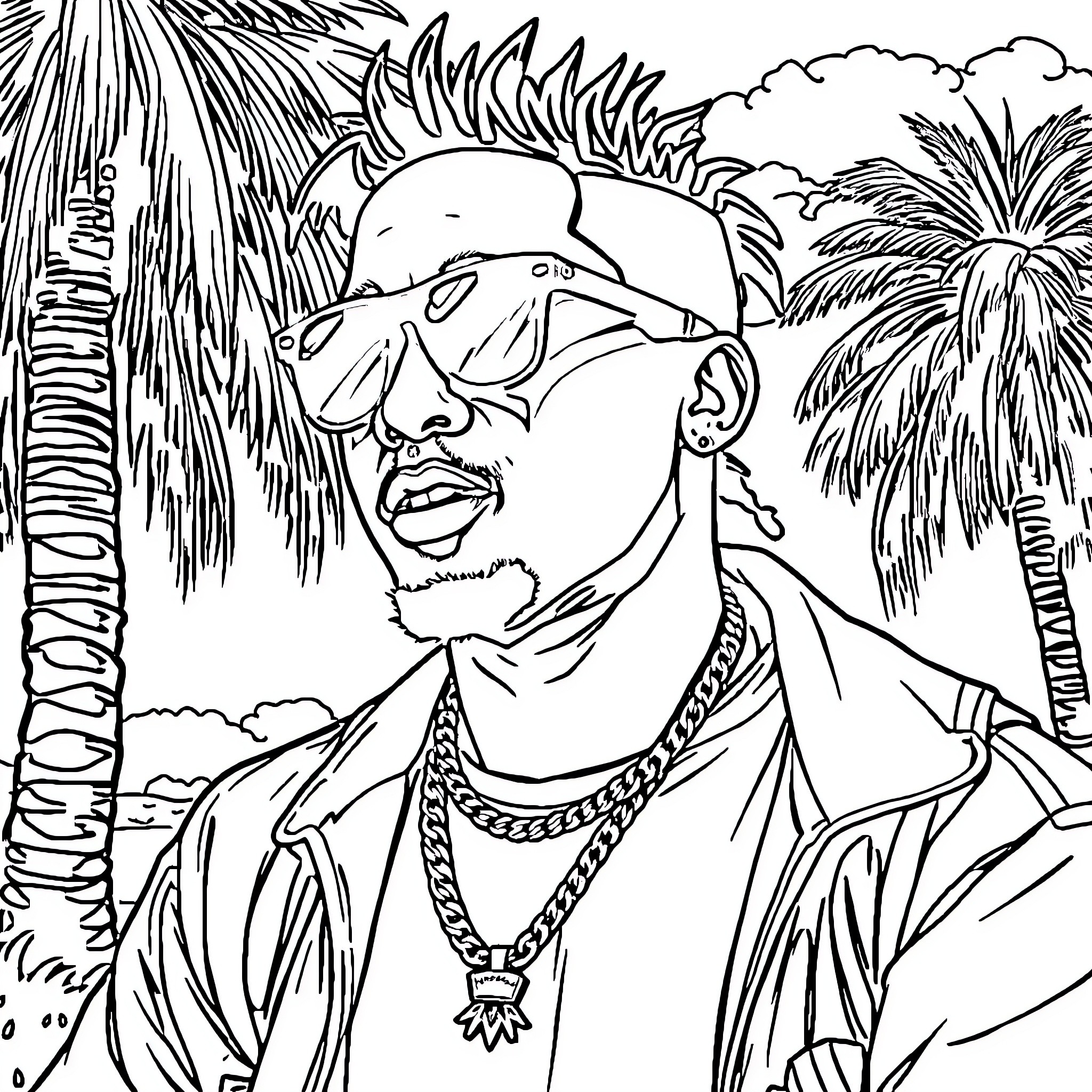 Wiz Khalifa's stylish attire and tropical backdrop Coloring Page (free black-and-white line drawing printable PDF for all, from beginners to advanced learners, including children, teens, adults, and seniors)