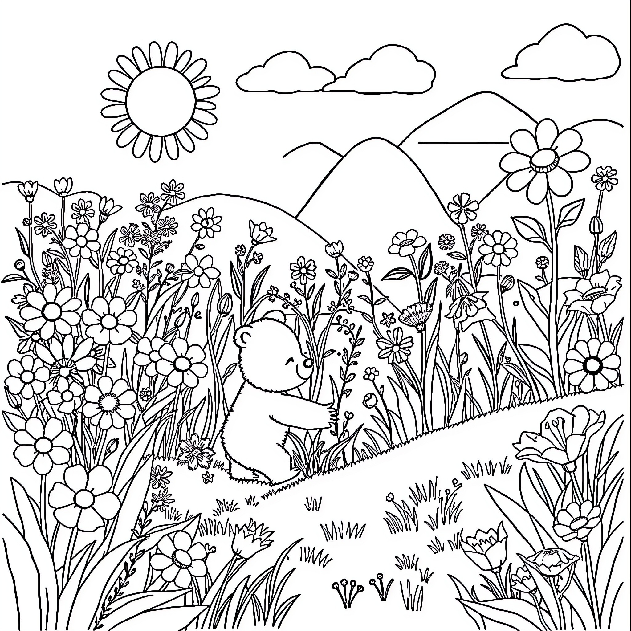 Flower Meadow with Cute Cartoon Character Coloring Page (free black-and-white line drawing printable PDF for all, from beginners to advanced learners, including children, teens, adults, and seniors)