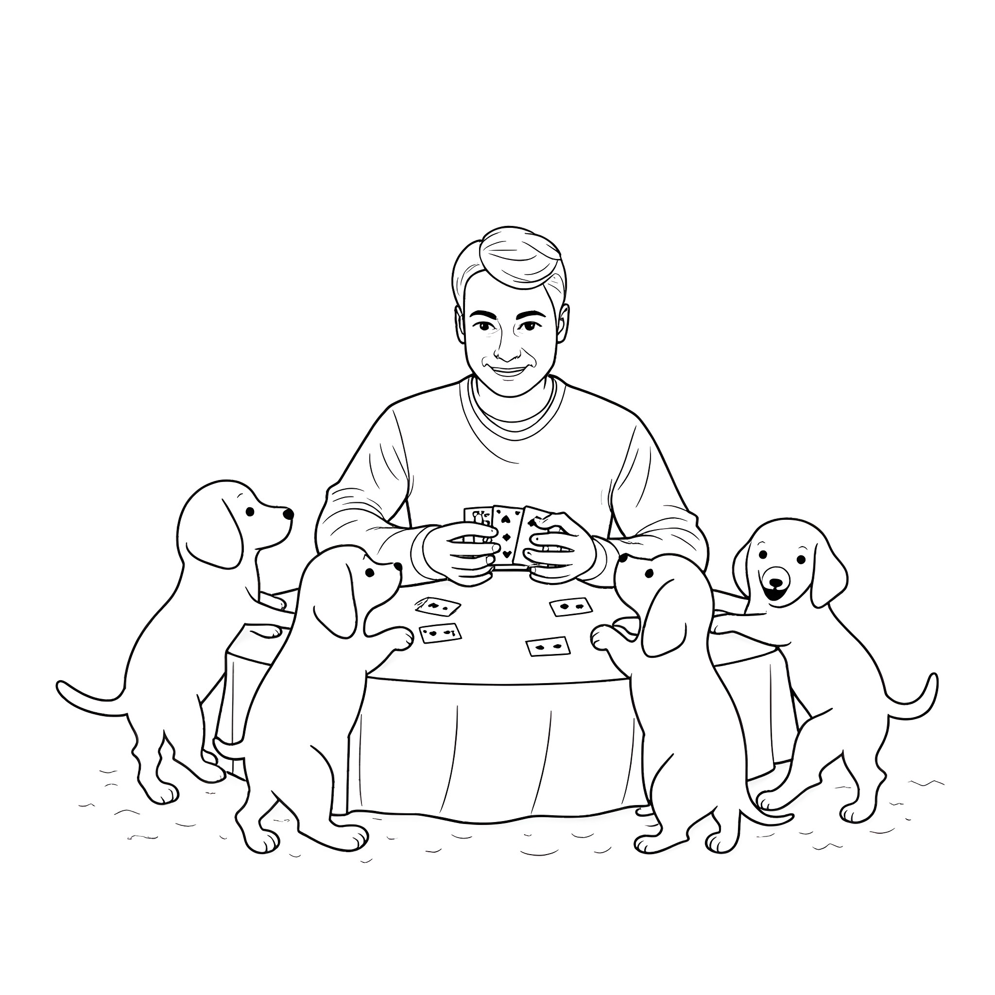 Man enjoys playing cards with his dogs Coloring Page (free black-and-white line drawing printable PDF for all, from beginners to advanced learners, including children, teens, adults, and seniors)