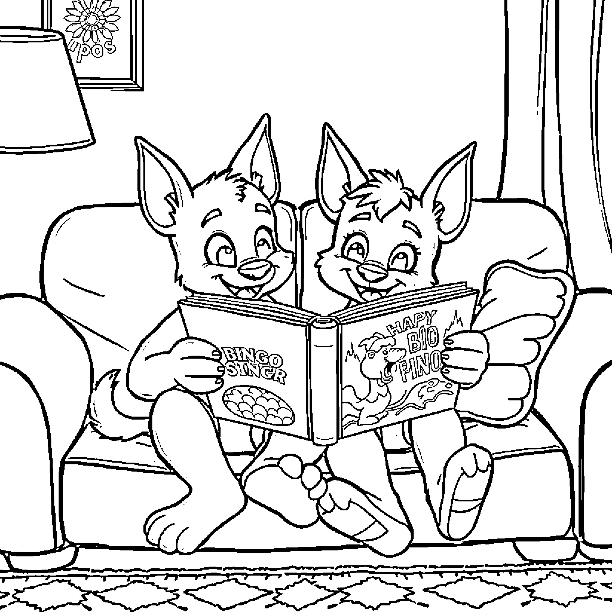 Bluey and friends read a book together happily Coloring Page (free black-and-white line drawing printable PDF for all, from beginners to advanced learners, including children, teens, adults, and seniors)