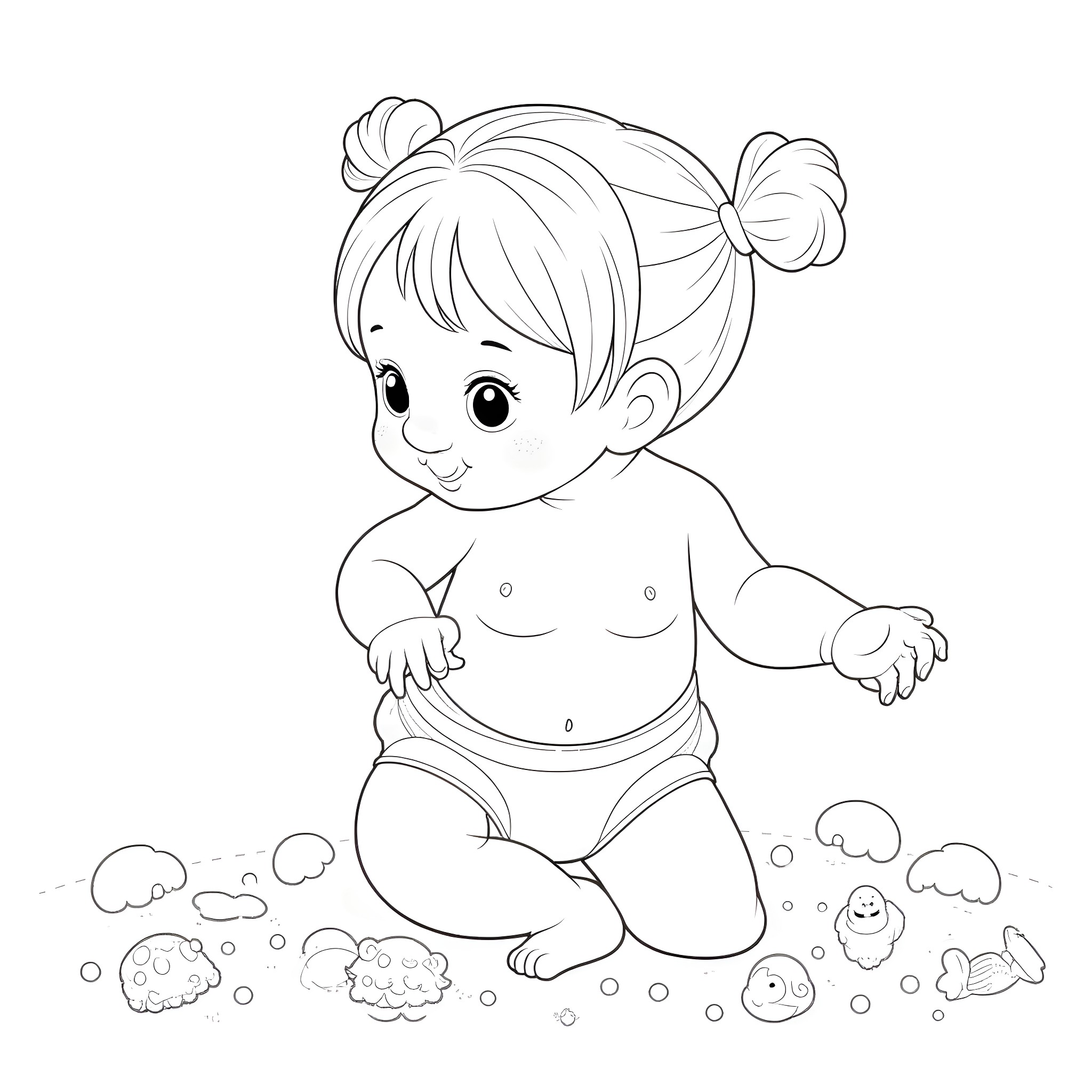 Girl playing with bubbles happily Coloring Page (free black-and-white line drawing printable PDF for all, from beginners to advanced learners, including children, teens, adults, and seniors)