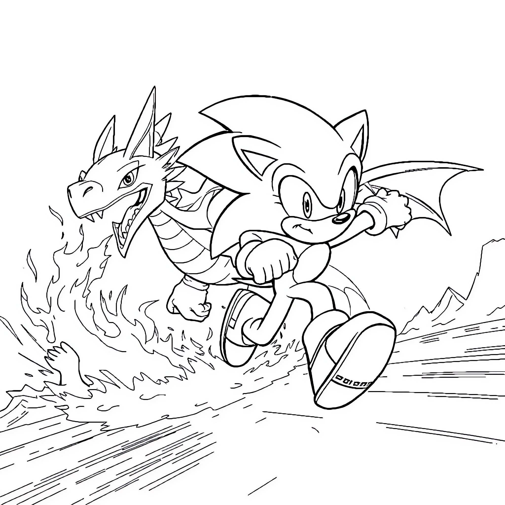 Sonic running with dragon in action-packed scene Coloring Page (free black-and-white line drawing printable PDF for all, from beginners to advanced learners, including children, teens, adults, and seniors)