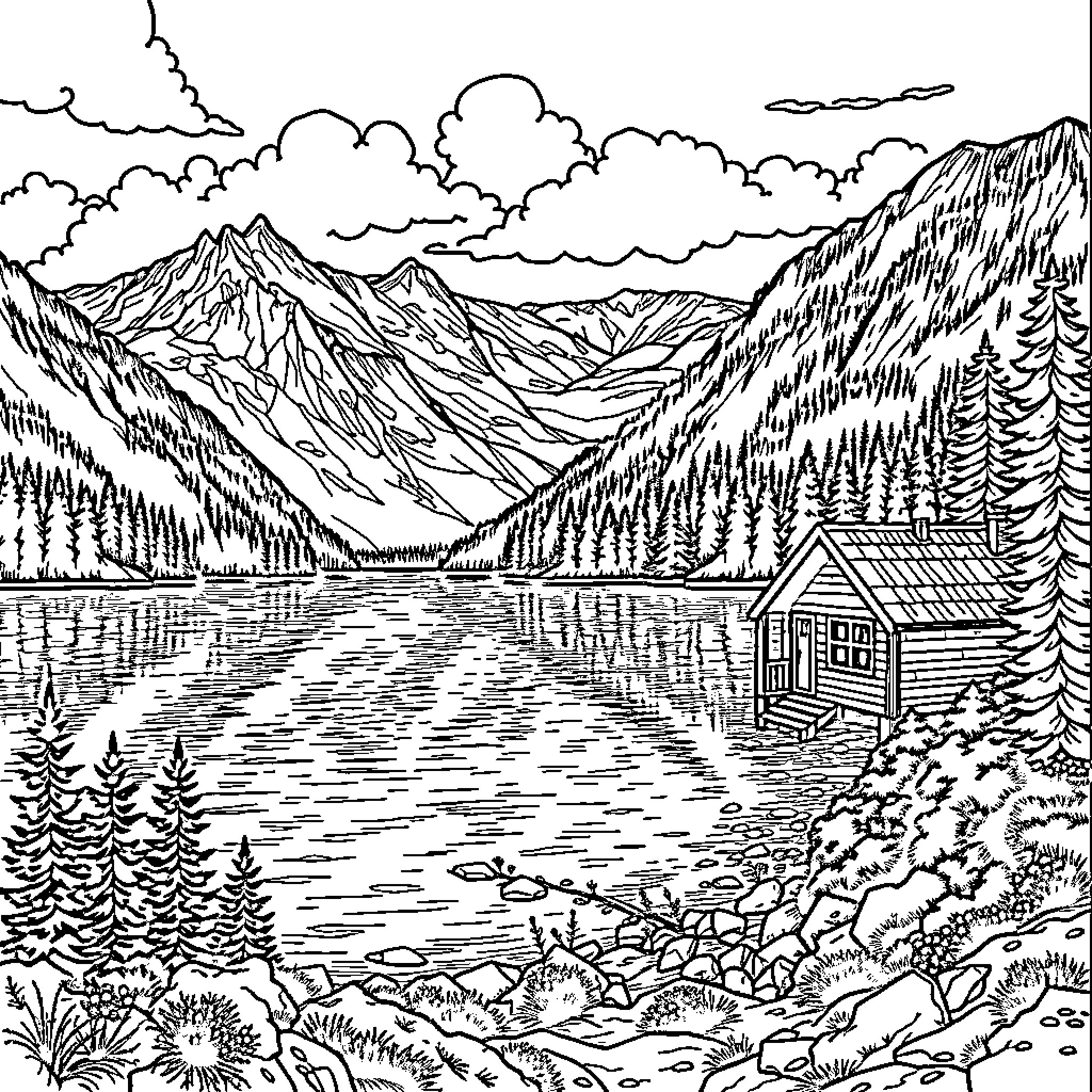 Lake in the Serene Mountain Landscape Coloring Page (free black-and-white line drawing printable PDF for all, from beginners to advanced learners, including children, teens, adults, and seniors)