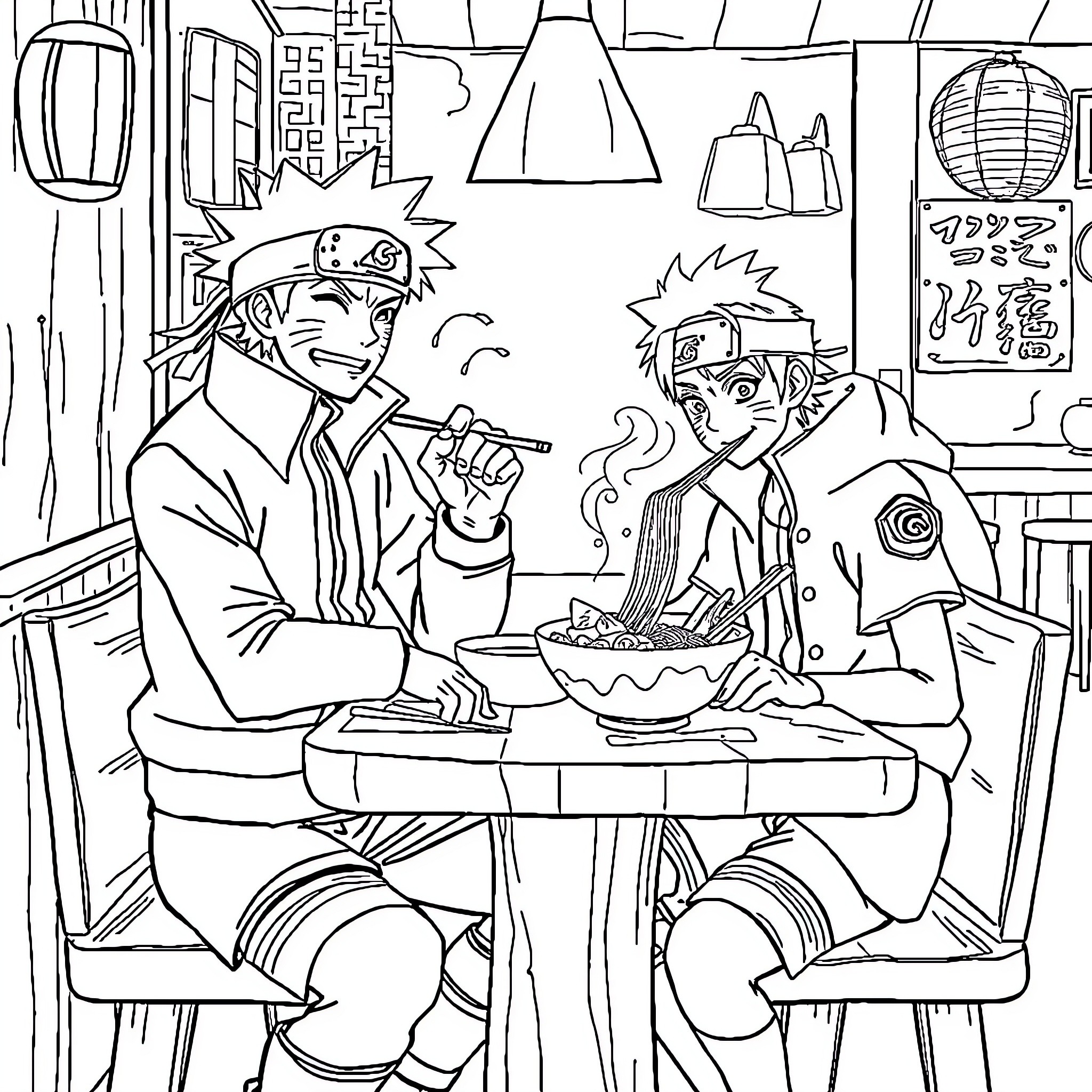 Naruto characters enjoying a meal together Coloring Page (free black-and-white line drawing printable PDF for all, from beginners to advanced learners, including children, teens, adults, and seniors)