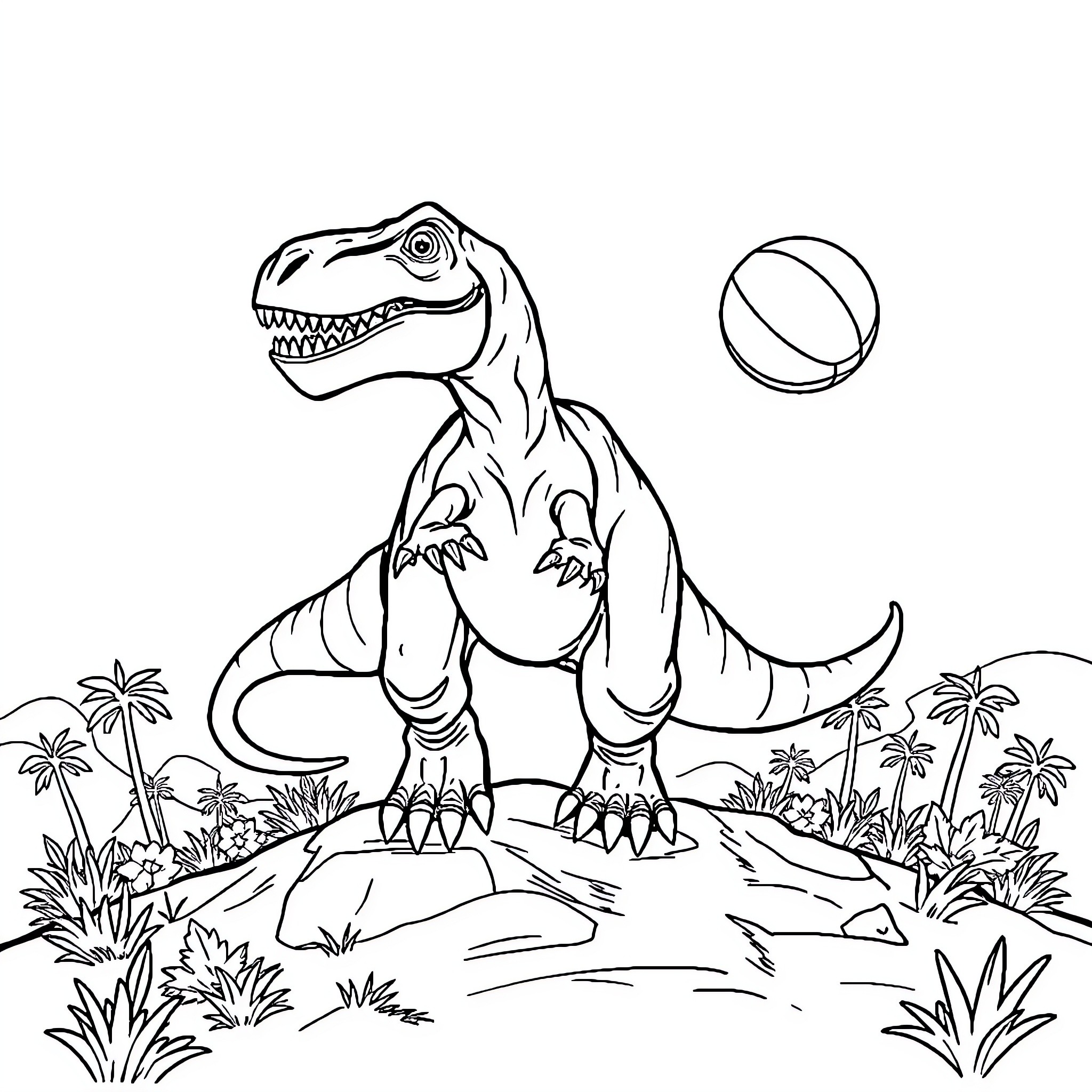 Dinosaur chasing a ball in a lush landscape Coloring Page (free black-and-white line drawing printable PDF for all, from beginners to advanced learners, including children, teens, adults, and seniors)
