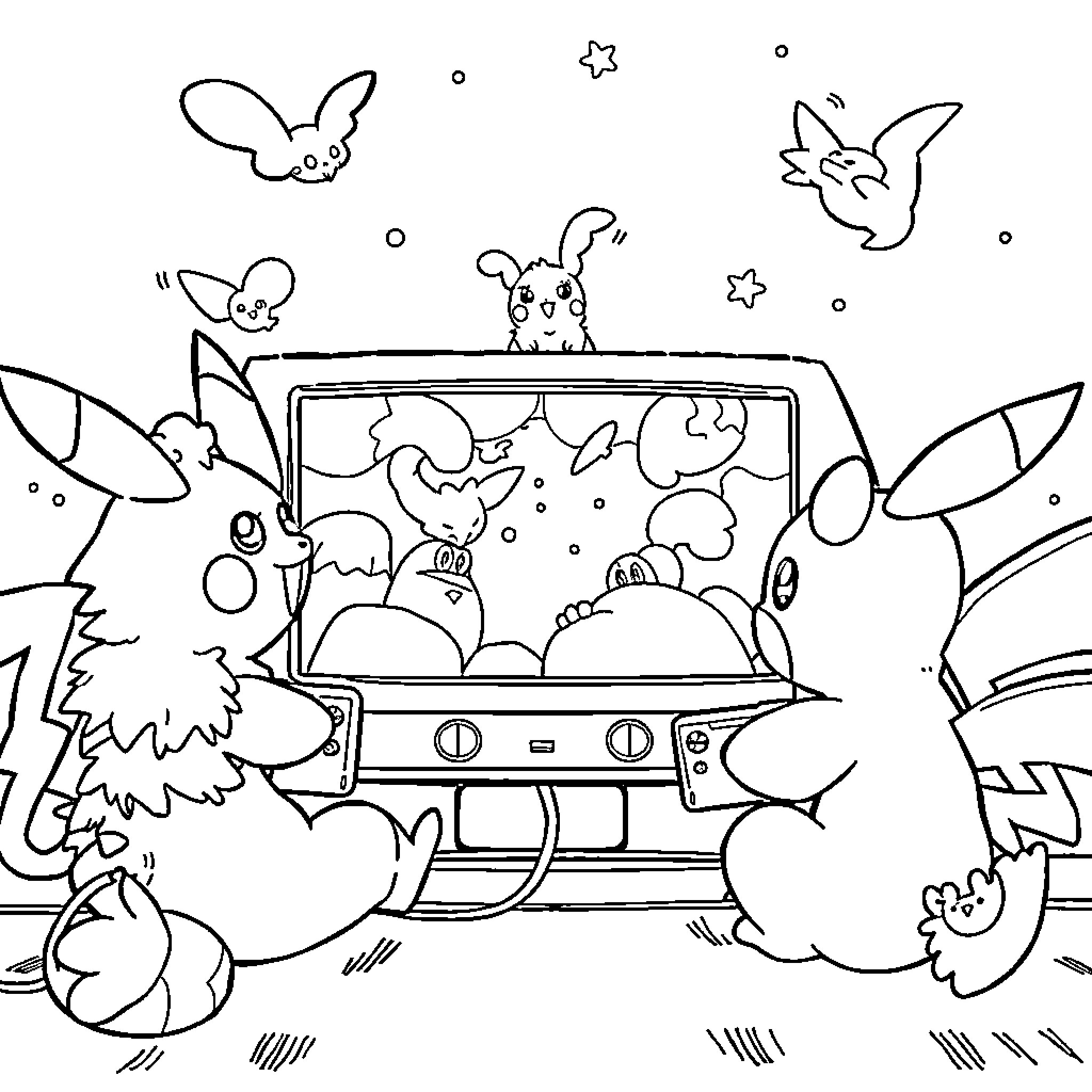 Pokémon enjoying a fun ride in a vehicle Coloring Page (free black-and-white line drawing printable PDF for all, from beginners to advanced learners, including children, teens, adults, and seniors)