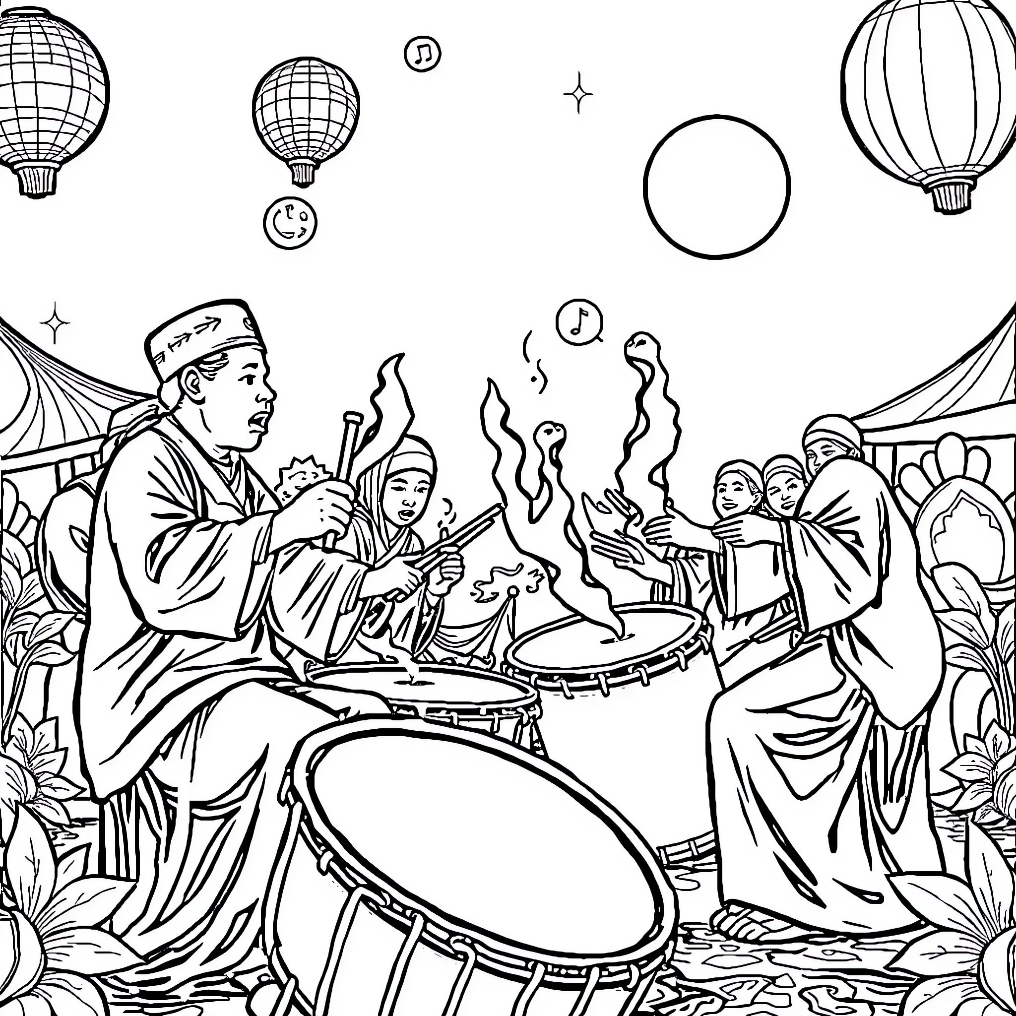 Tung Tung Celebration with Drums and Lanterns Coloring Page (free black-and-white line drawing printable PDF for all, from beginners to advanced learners, including children, teens, adults, and seniors)