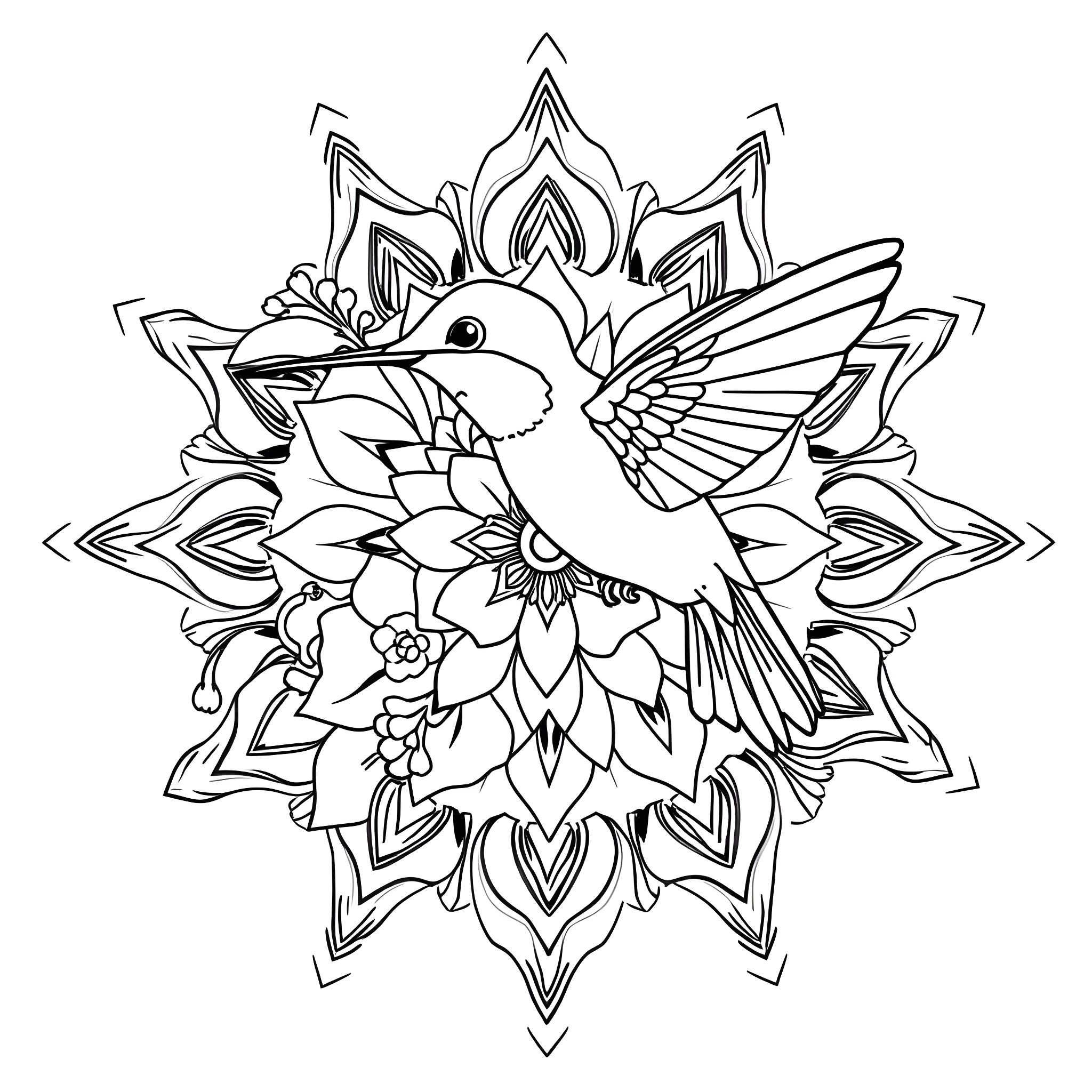 Hummingbird in Decorative Floral Motif Coloring Page (free black-and-white line drawing printable PDF for all, from beginners to advanced learners, including children, teens, adults, and seniors)