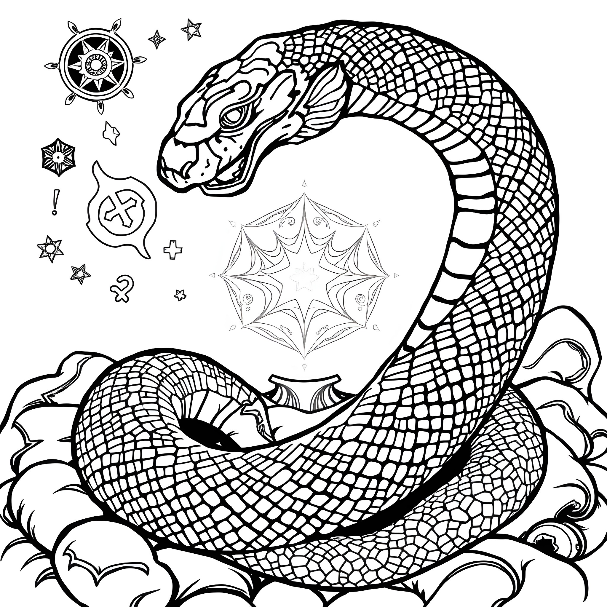 Snake with intricate patterns coiled amidst symbols Coloring Page (free black-and-white line drawing printable PDF for all, from beginners to advanced learners, including children, teens, adults, and seniors)
