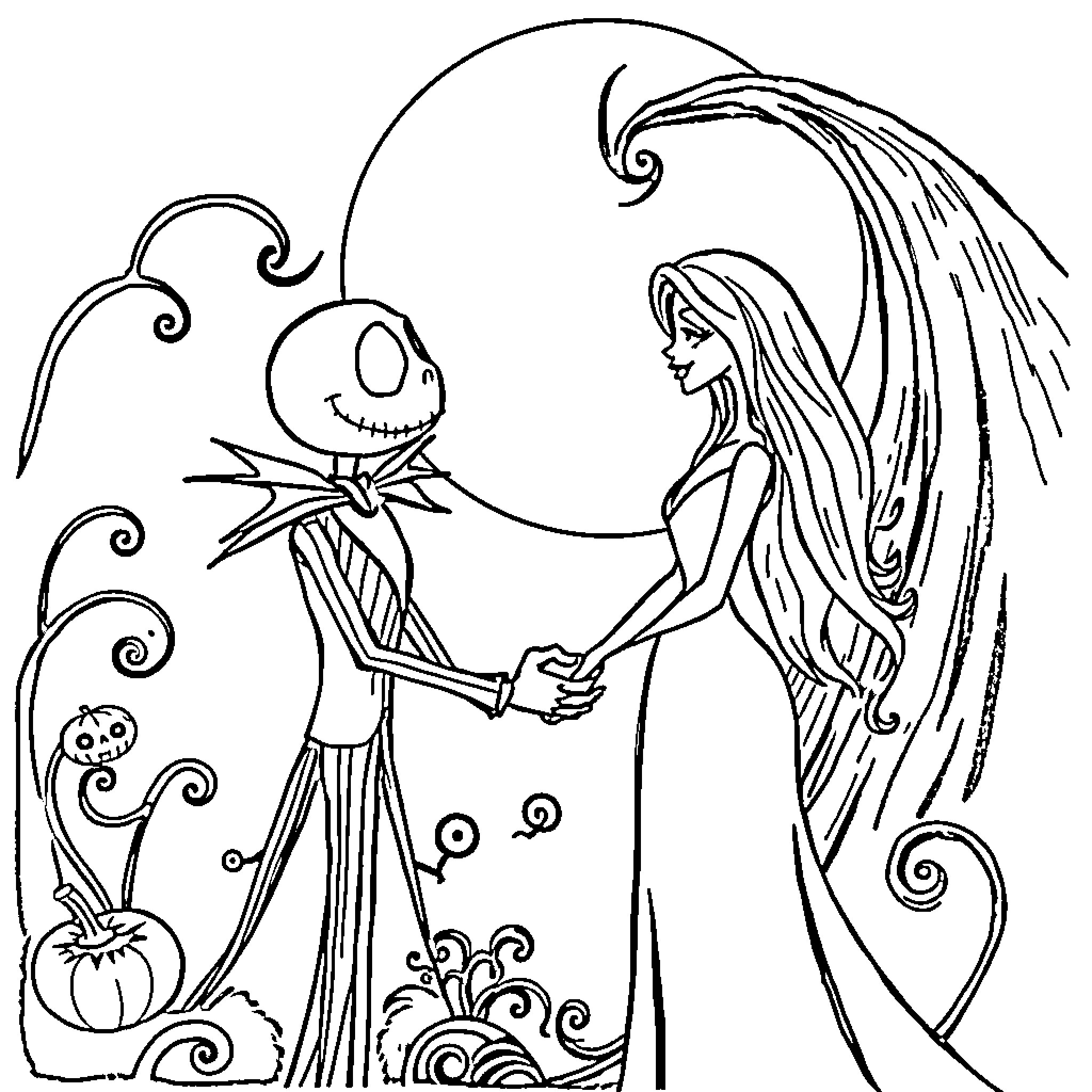 Jack Skellington meeting a mysterious woman with long hair Coloring Page (free black-and-white line drawing printable PDF for all, from beginners to advanced learners, including children, teens, adults, and seniors)