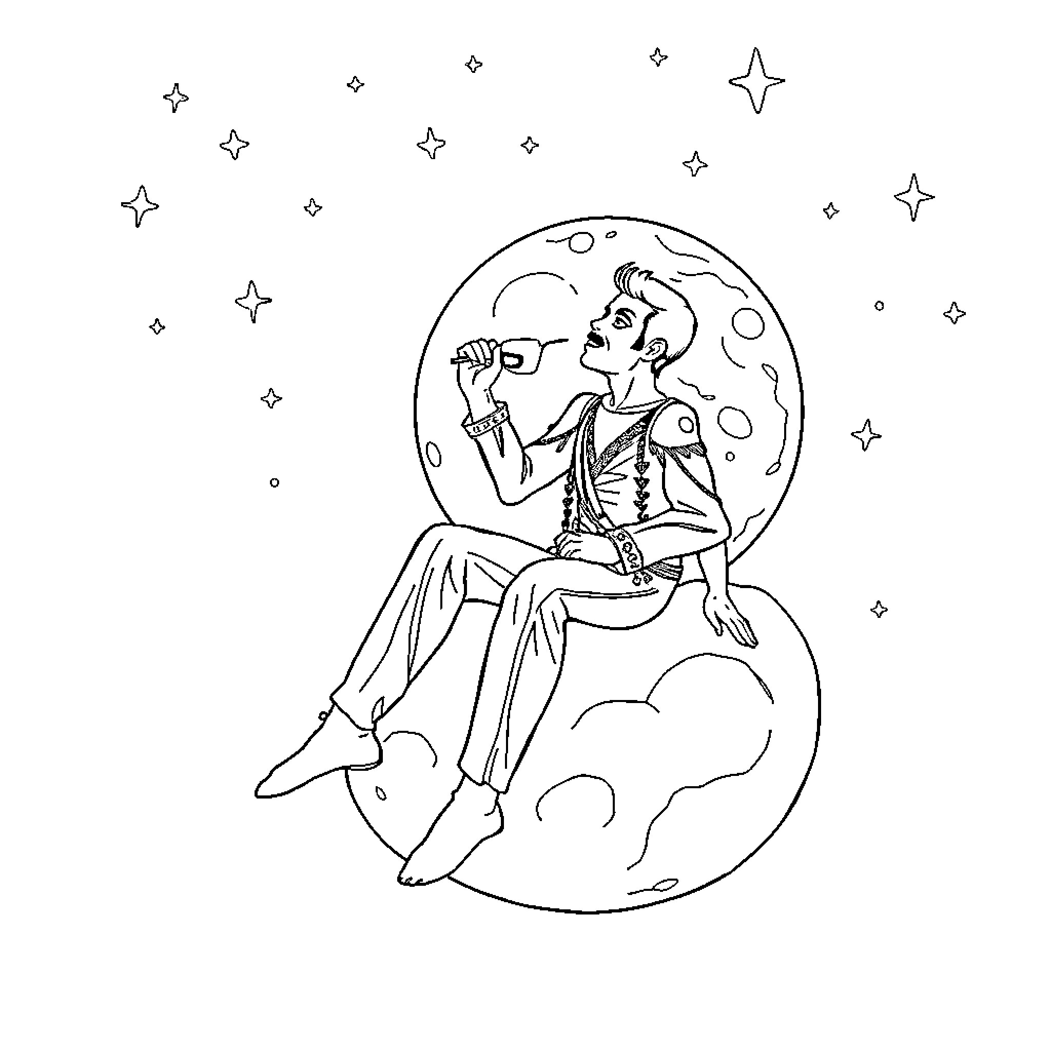 Freddie Mercury serenading the stars in the night sky Coloring Page (free black-and-white line drawing printable PDF for all, from beginners to advanced learners, including children, teens, adults, and seniors)