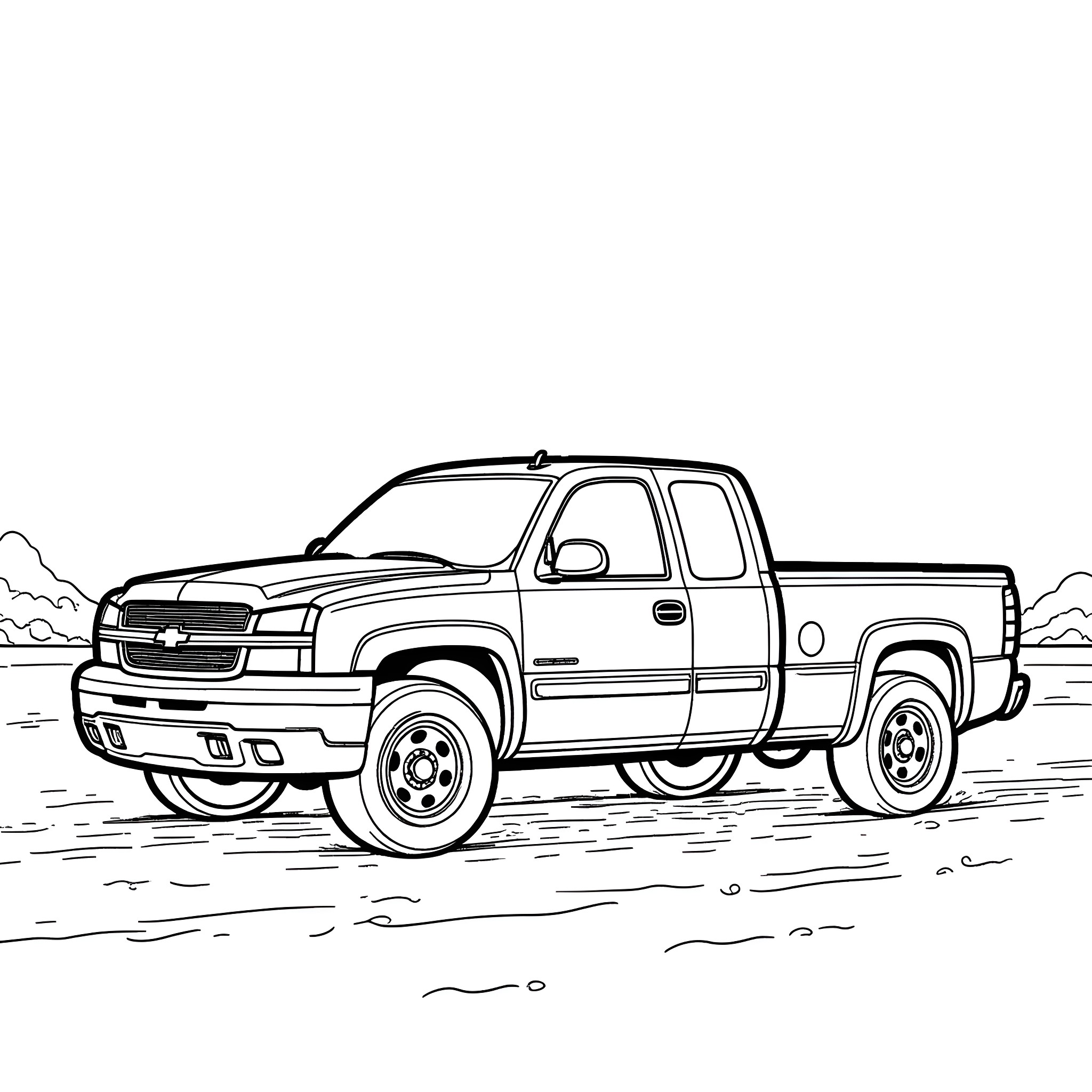 Silverado truck parked on dusty terrain Coloring Page (free black-and-white line drawing printable PDF for all, from beginners to advanced learners, including children, teens, adults, and seniors)