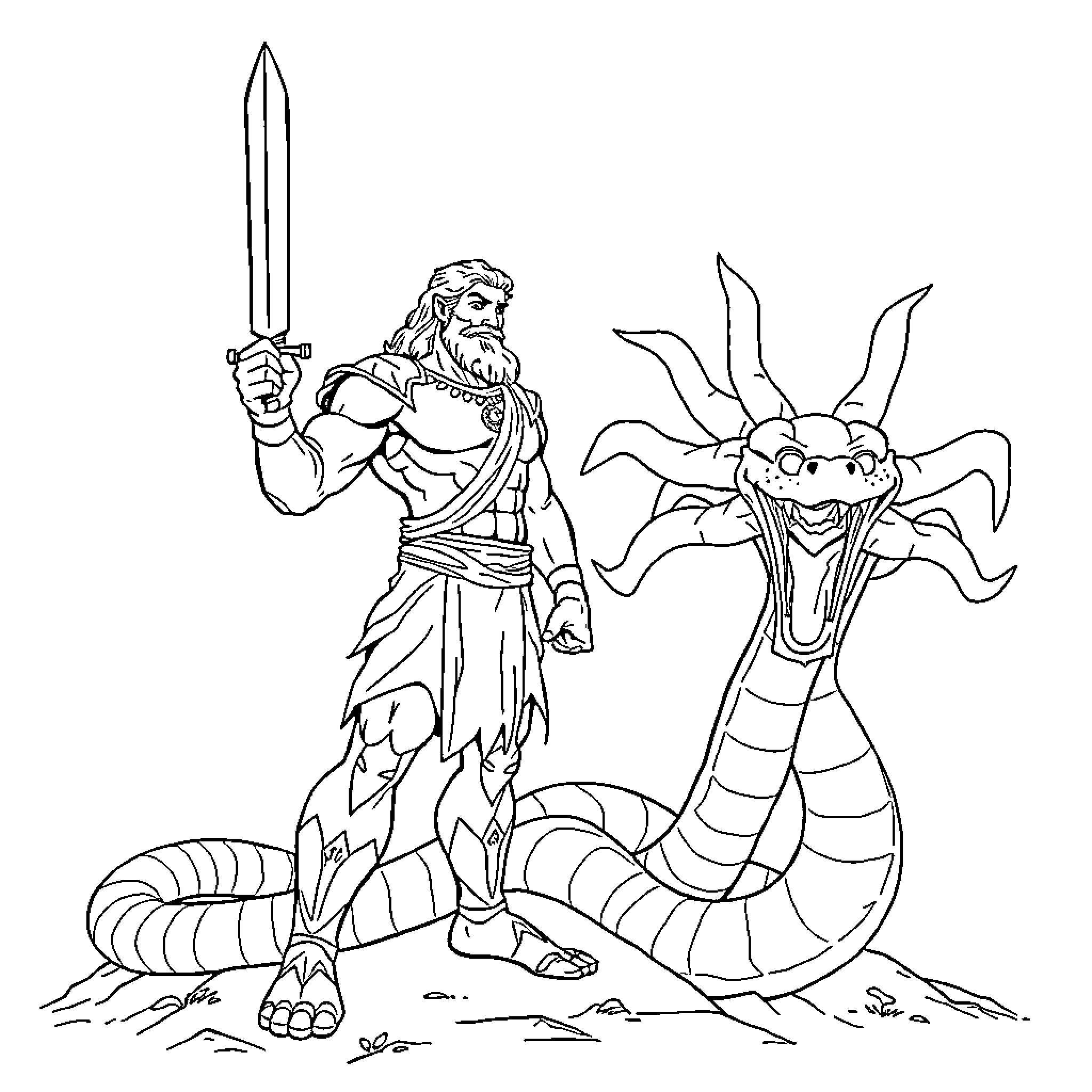 Hercules battling a fearsome mythical serpent Coloring Page (free black-and-white line drawing printable PDF for all, from beginners to advanced learners, including children, teens, adults, and seniors)