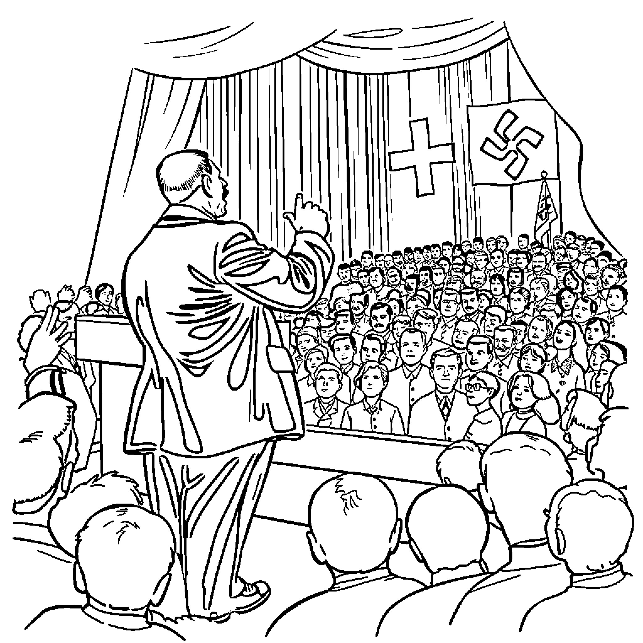 Adolf Hitler Addressing a Crowd at a Rally Coloring Page (free black-and-white line drawing printable PDF for all, from beginners to advanced learners, including children, teens, adults, and seniors)