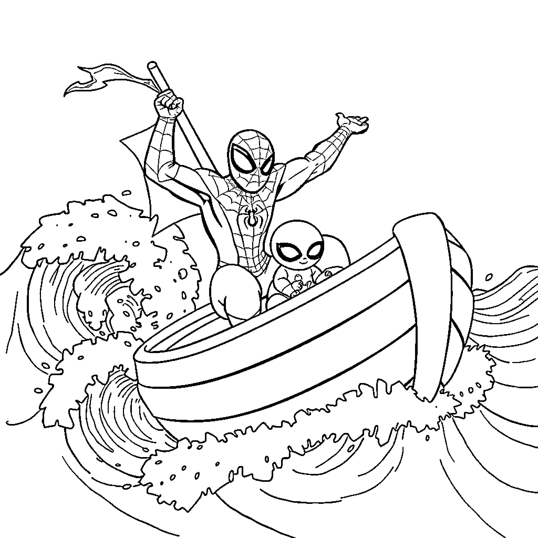 Spiderman saves civilians from dangerous waves Coloring Page (free black-and-white line drawing printable PDF for all, from beginners to advanced learners, including children, teens, adults, and seniors)