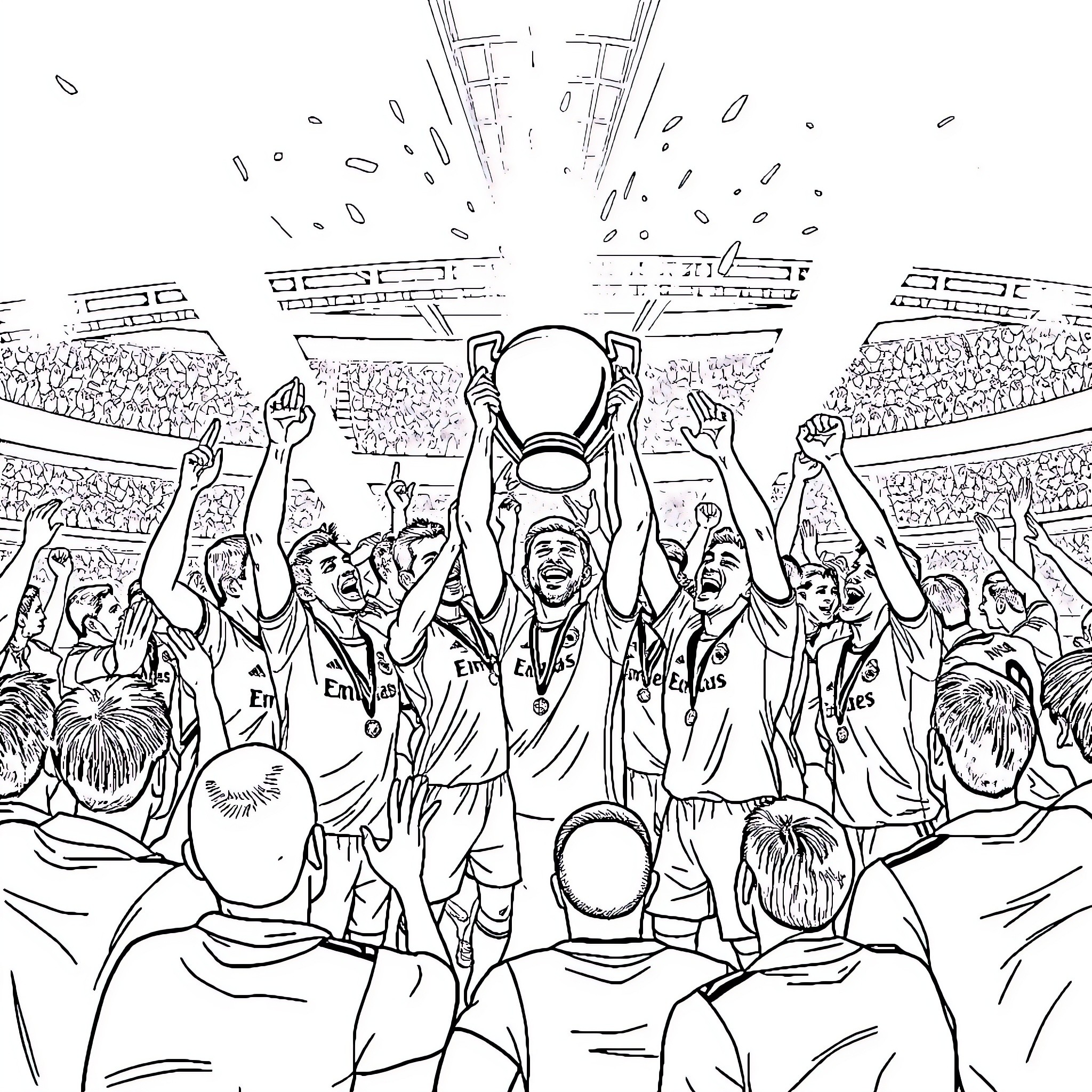 Real Madrid players celebrating with trophy in stadium Coloring Page (free black-and-white line drawing printable PDF for all, from beginners to advanced learners, including children, teens, adults, and seniors)