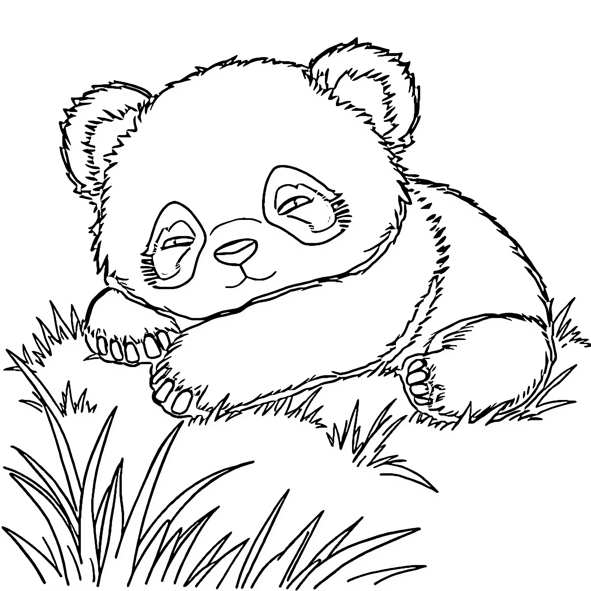 Panda resting peacefully in the grass Coloring Page (free black-and-white line drawing printable PDF for all, from beginners to advanced learners, including children, teens, adults, and seniors)