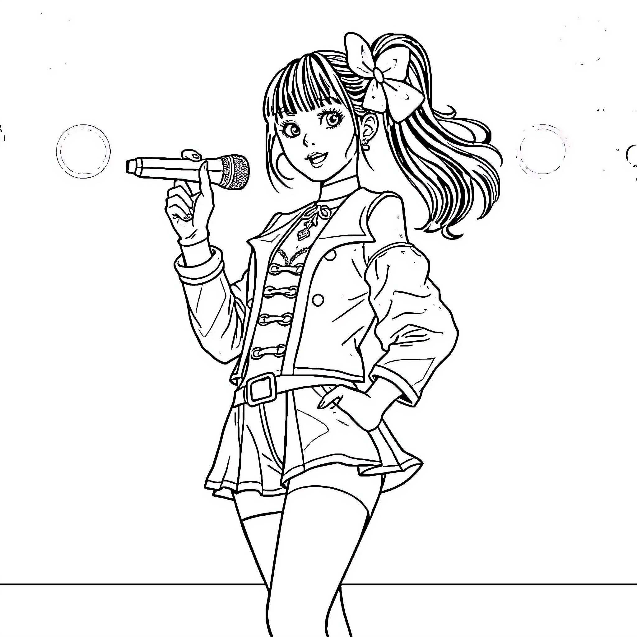 K-pop Girl Singing on Stage Coloring Page (free black-and-white line drawing printable PDF for all, from beginners to advanced learners, including children, teens, adults, and seniors)