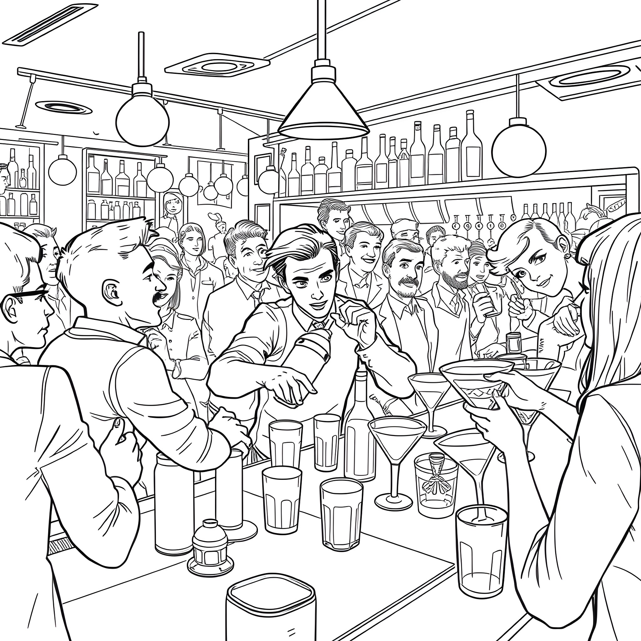 Bartender serving drinks to a crowded bar scene Coloring Page (free black-and-white line drawing printable PDF for all, from beginners to advanced learners, including children, teens, adults, and seniors)