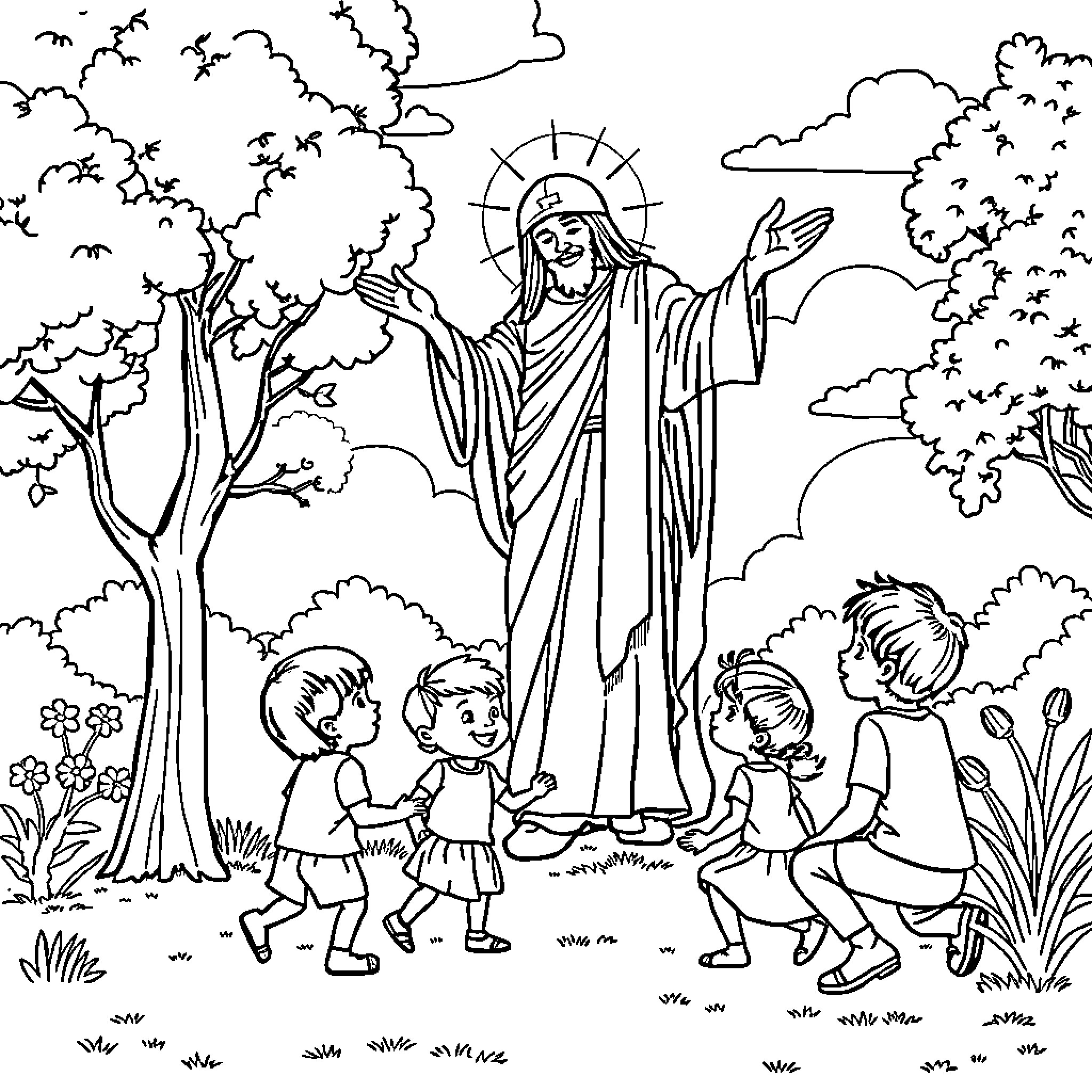 God Embracing Children in Serene Nature Coloring Page (free black-and-white line drawing printable PDF for all, from beginners to advanced learners, including children, teens, adults, and seniors)