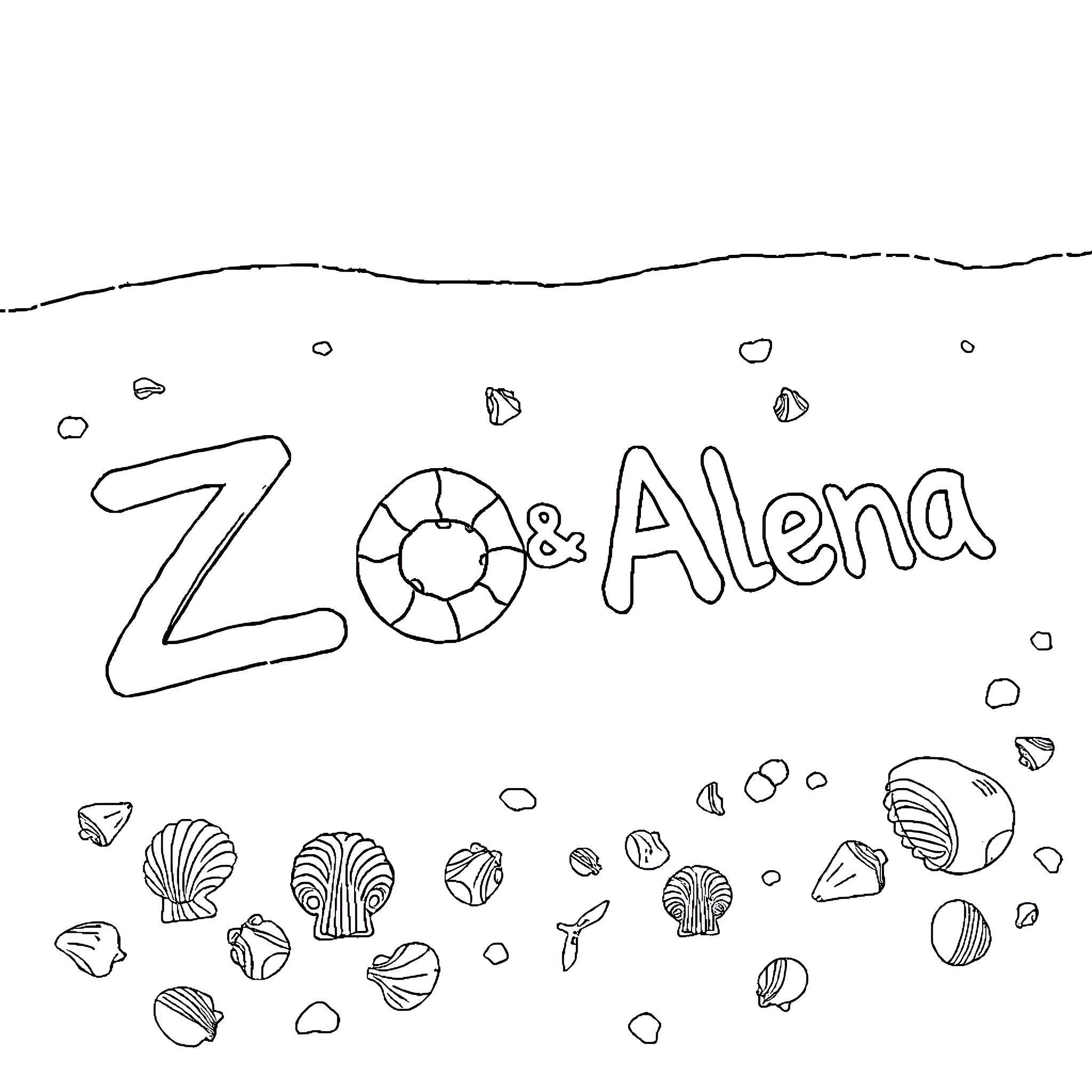 Seashell themed coloring page with the word 'Zo & Alena' Coloring Page (free black-and-white line drawing printable PDF for all, from beginners to advanced learners, including children, teens, adults, and seniors)