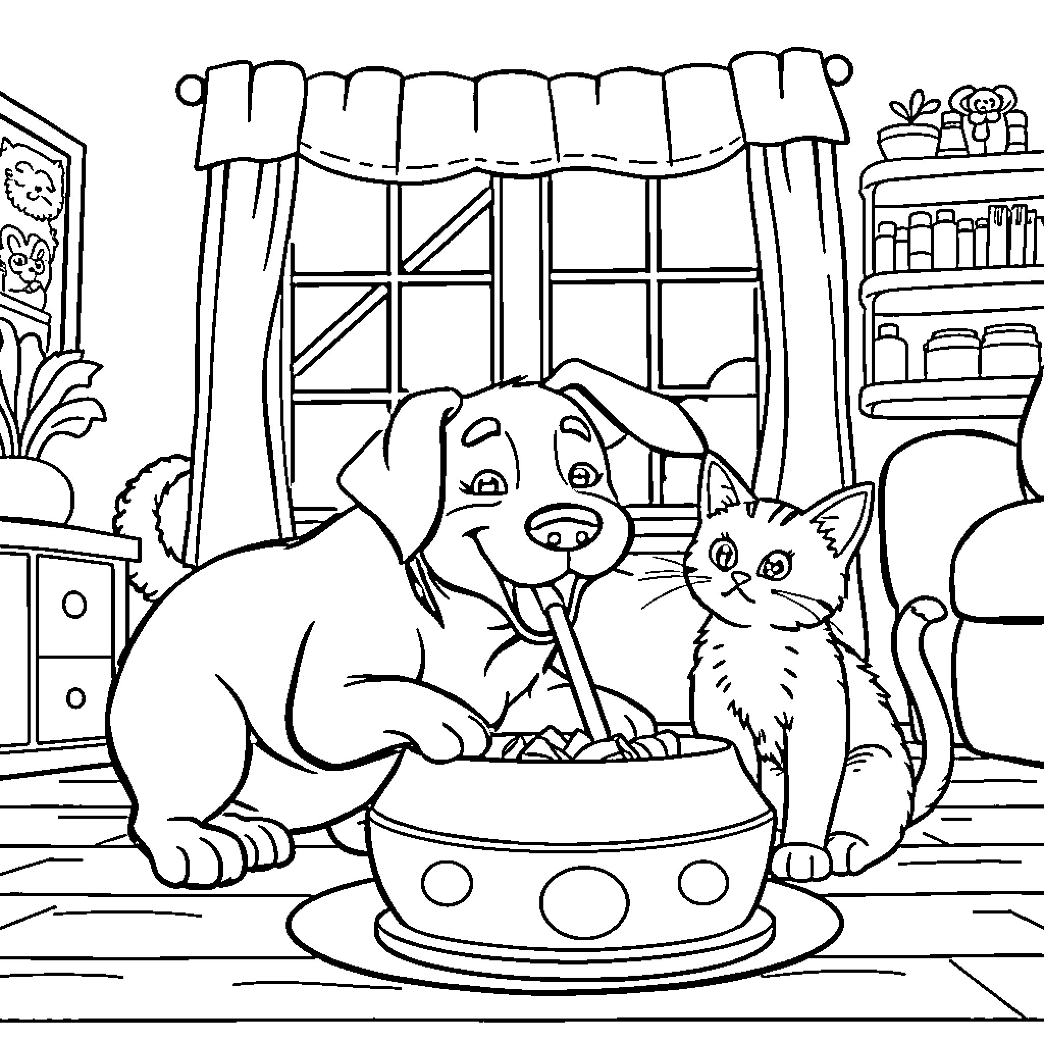 Dog playing with cat in cozy room Coloring Page (free black-and-white line drawing printable PDF for all, from beginners to advanced learners, including children, teens, adults, and seniors)
